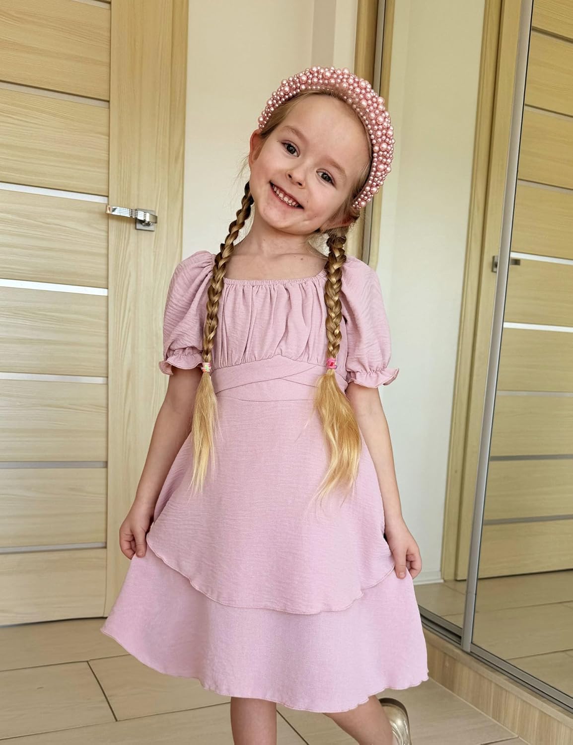 Arshiner Girls Dresses Summer Short Sleeve Off Shoulder Ruffle Tiered Layer Party Dress - Image 4