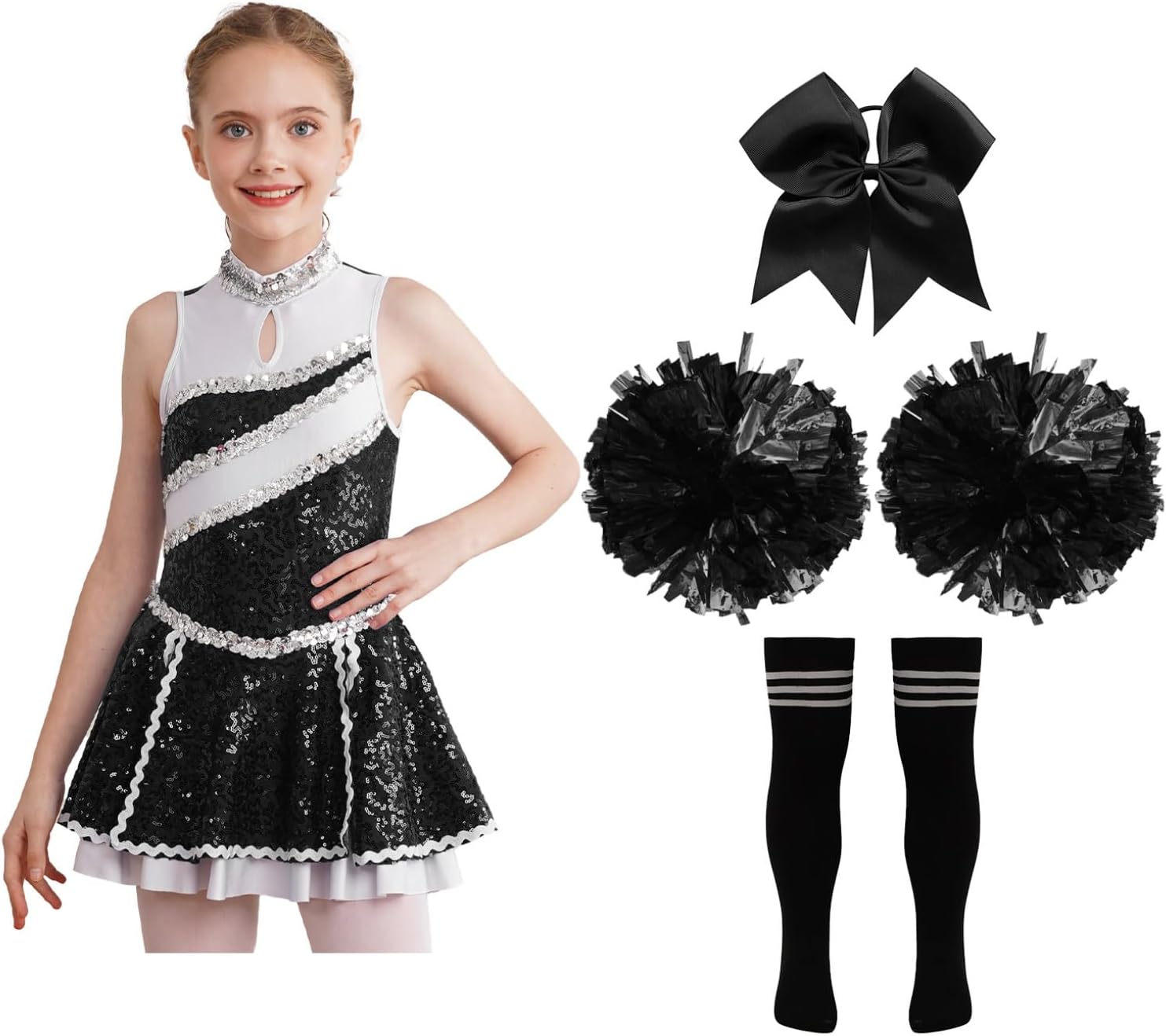 Oyolan Kids Girls Shiny Sequins Cheer Leader Uniform Outfit Sleeveless Zipper Back Cheerleading Dance Dress