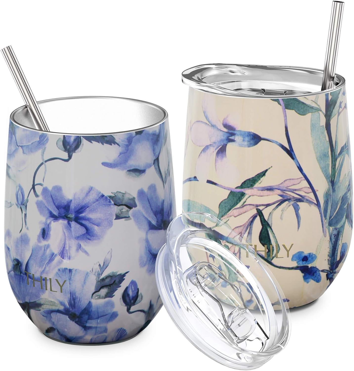 THILY Stainless Steel Insulated Wine Tumbler Stemless Wine Glass with Sliding Lid and Straw