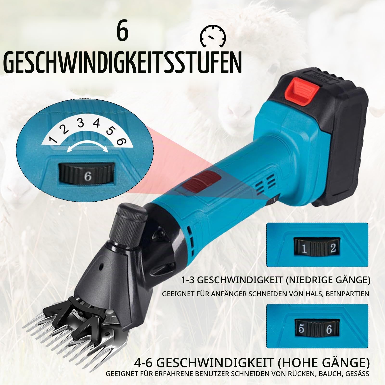 Schafschermaschine, 3000Mah Schermaschine Pferd 2400r/min Kabellos Schafschermaschine Akku tragbar 6-Gang Schäfer Schermaschine mit 2 Akkus für Schafen Ziegen Alpakas Ochse (13 gerade Zähne)