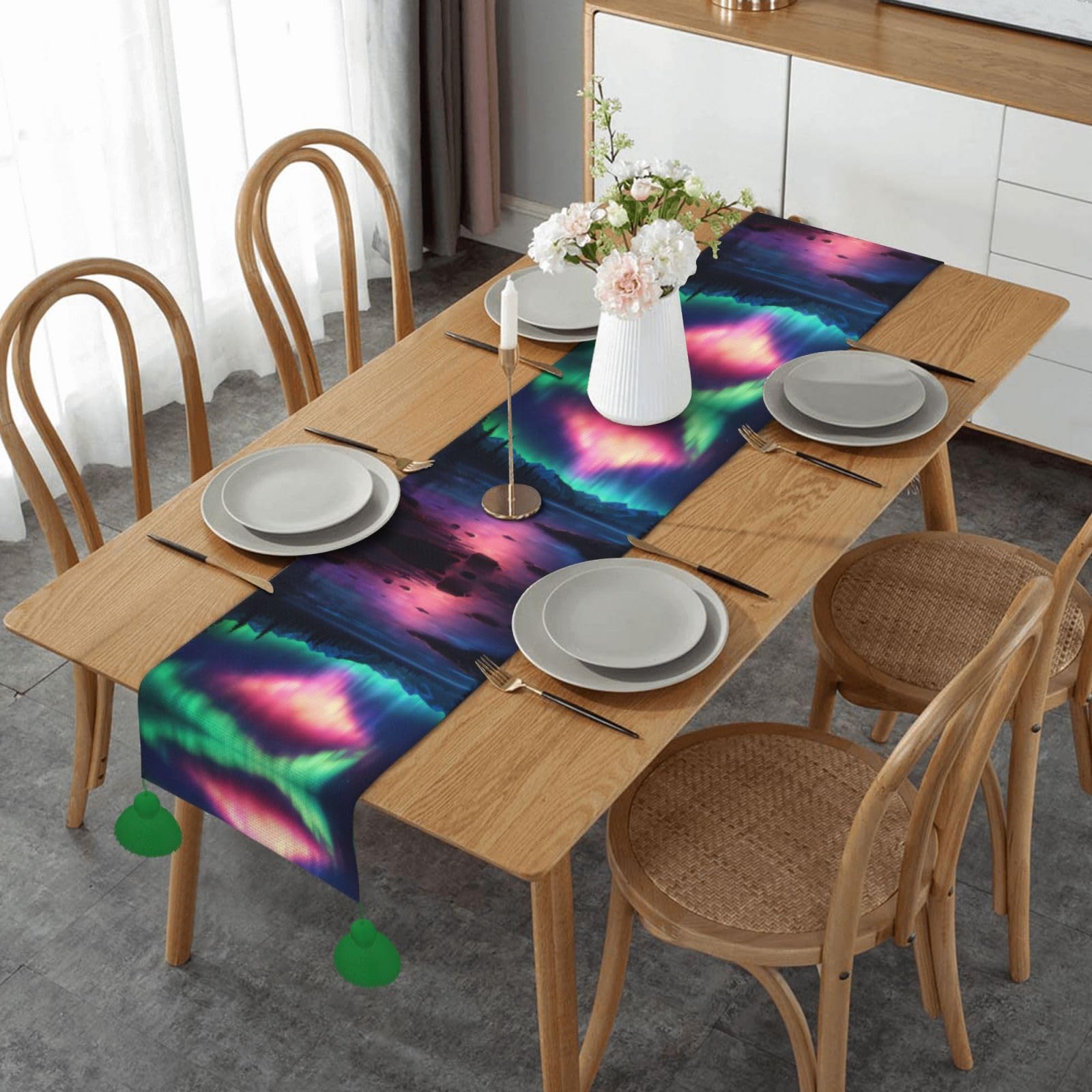 Chemin de table aurores boréales pour table basse et décoration mariage