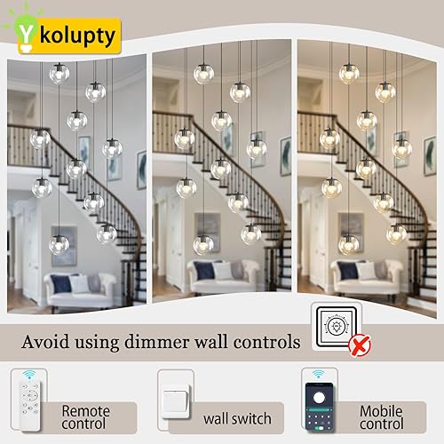 Miniatura 43 de Escalera LED de 10 luces LED moderna con globo de cristal, lámpara colgante grande para techos altos, accesorios de iluminación de entrada, villas y