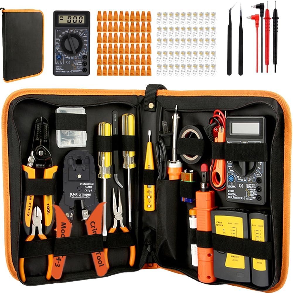 LEATBUY Crimper Cat5/Cat5e/Cat6 Crimping Tool RJ45 Crimp Tool Set for RJ11/RJ12 Pass Through for Regular End-Pass-Through with 50PCS Connectors, 50PCS Covers Network Wire Stripper(Black)