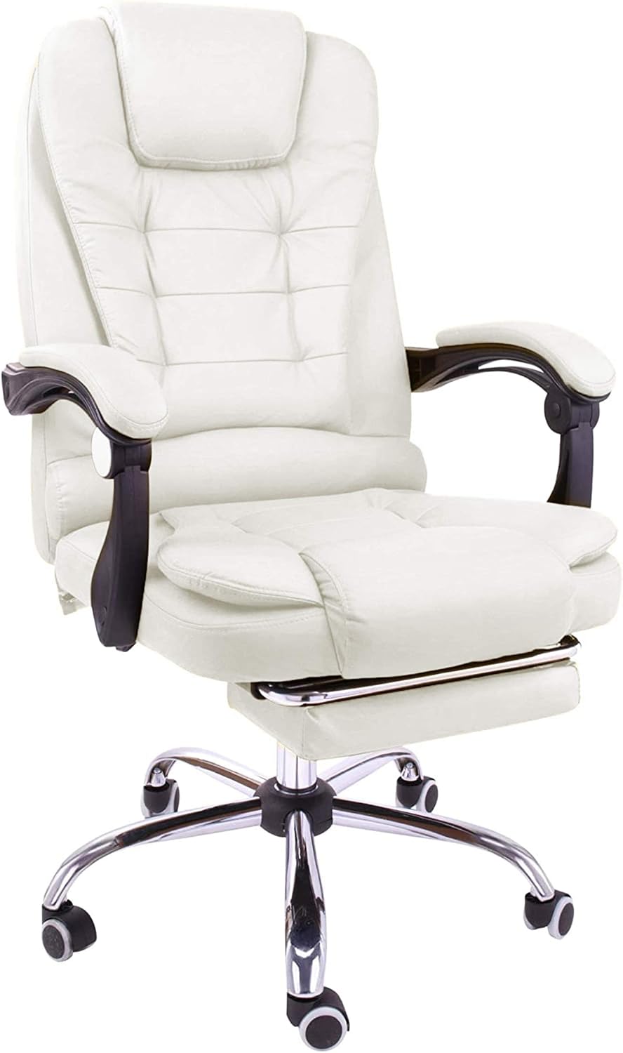 Halter Reclining Leather Office Chair, Modern Executive Adjustable Rolling Swivel Chair, Gaming Chair with Headrest and Retractable Footrest, White