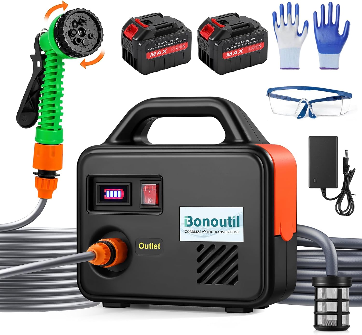 21V Battery Powered Water Pump 240GPH Cordless Water Transfer Pump Battery Operated with Garden Hose Nozzle 7 Spray Modes for Watering Car Washing Tub Fish Tank Inflatable Pool (2 Batteries)