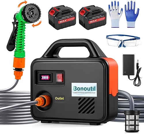 Bomba de agua con batería de 21 V, bomba de transferencia de agua inalámbrica de 240 GPH, funciona con pilas con boquilla de manguera de jardín, 7