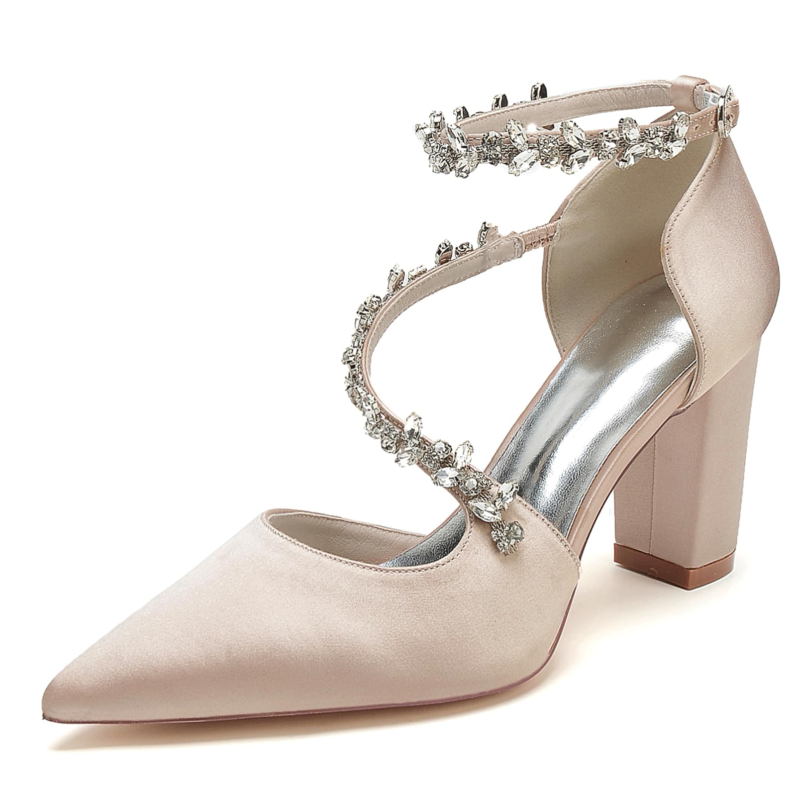 FGRID Scarpe da Sposa Donna con Tacco Alto a Blocchi per la Sposa, Punta Chiusa in Raso Strass Cinturino alla Caviglia décolleté per Feste da Sera Sandali Damigella d'Onore