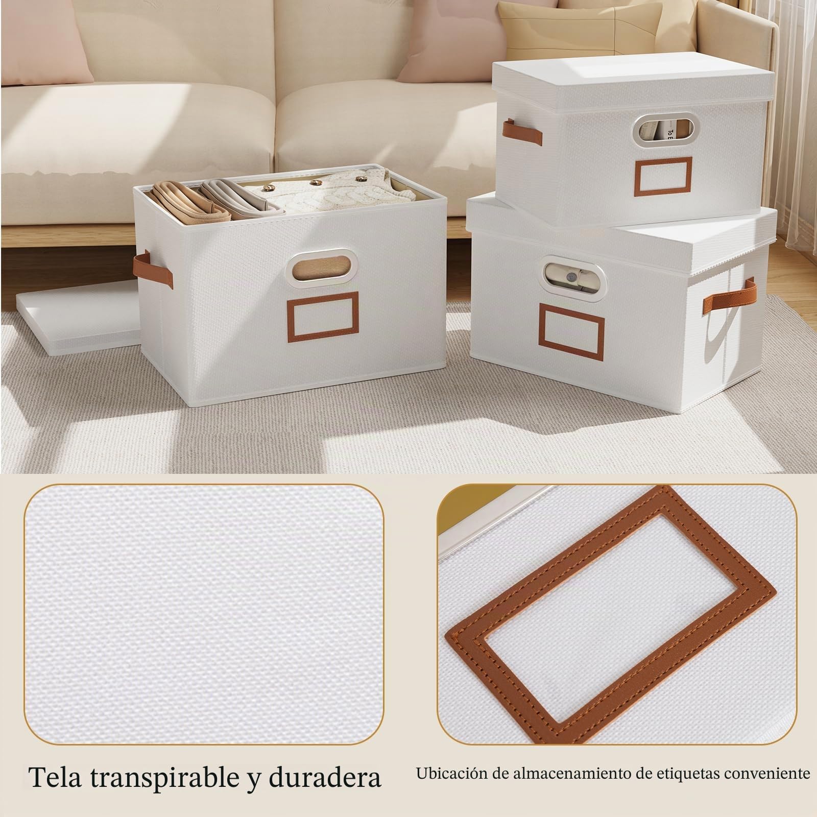OUTBROS Cajas Almacenamiento, Contenedores, Juego de 3, 45x30x30cm, Blanco | Cajas de almacenamiento plegables, Contenedores de tela con tapas de organizadora para guardar ropa