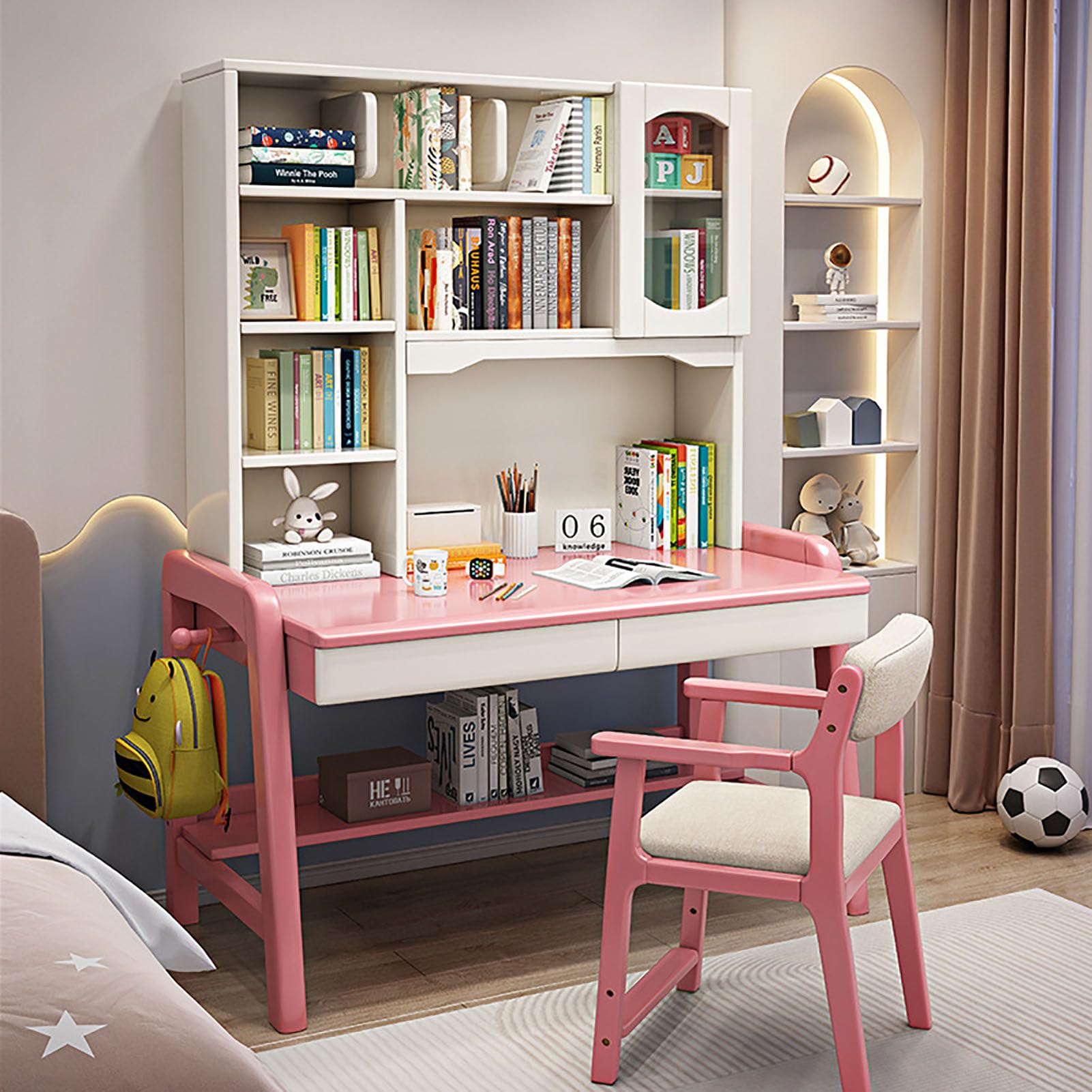 ASerZenith Computer Desk W/Hutch,Wood Study Desk Height Adjustable Writing Desk W/Drawer&Bookshelf,Student'S Pc Table Workstation,Pink-120X60X189Cm