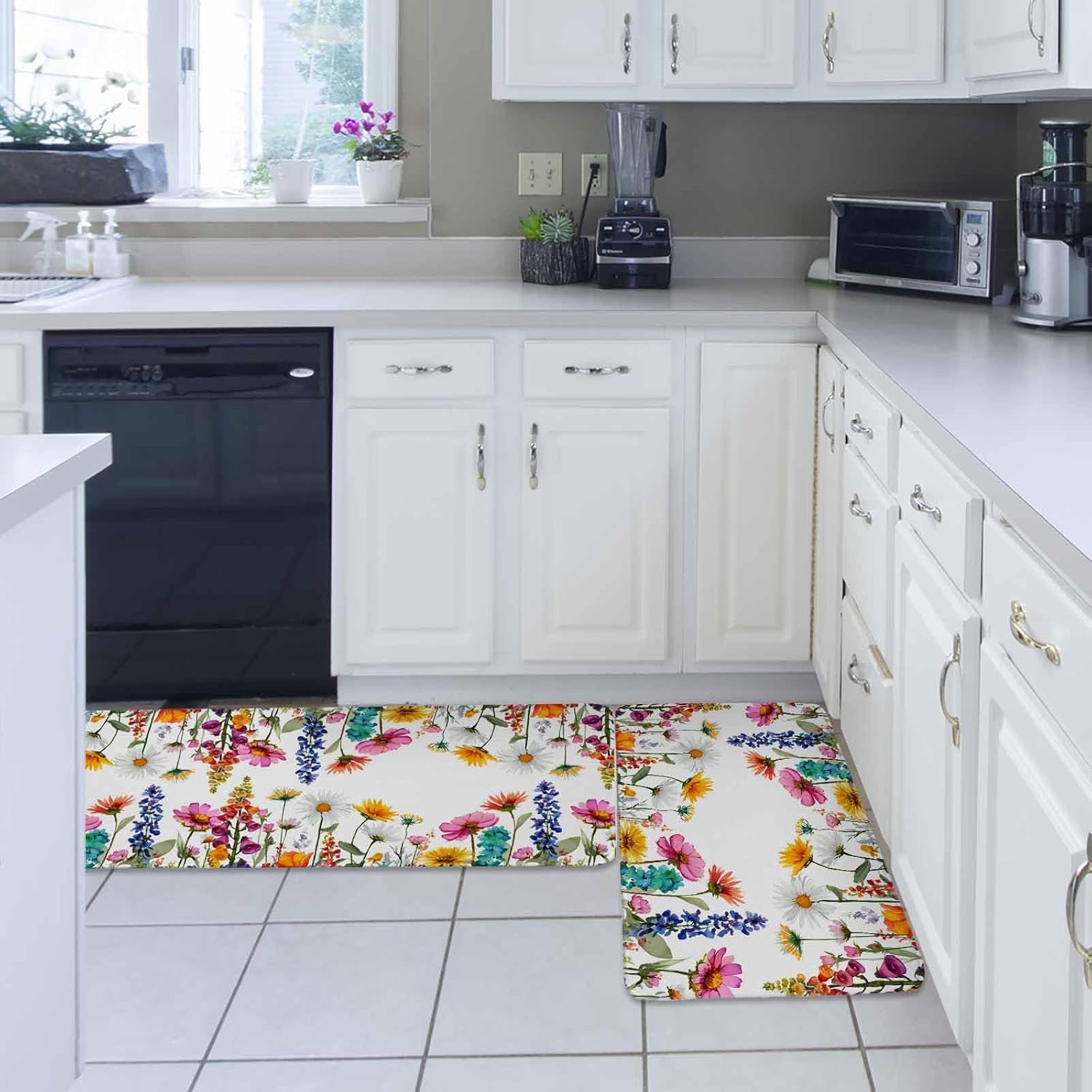 Spring Floral Kitchen Rugs and Mats Set of 2, Non-Slip Kitchen Sink Mat, Yellow Pink Flowers Botanical Farmhouse Washable Doormat Bathroom Rugs Runner for Bedroom/Living Room 17.7"x30"+17.7"x59"