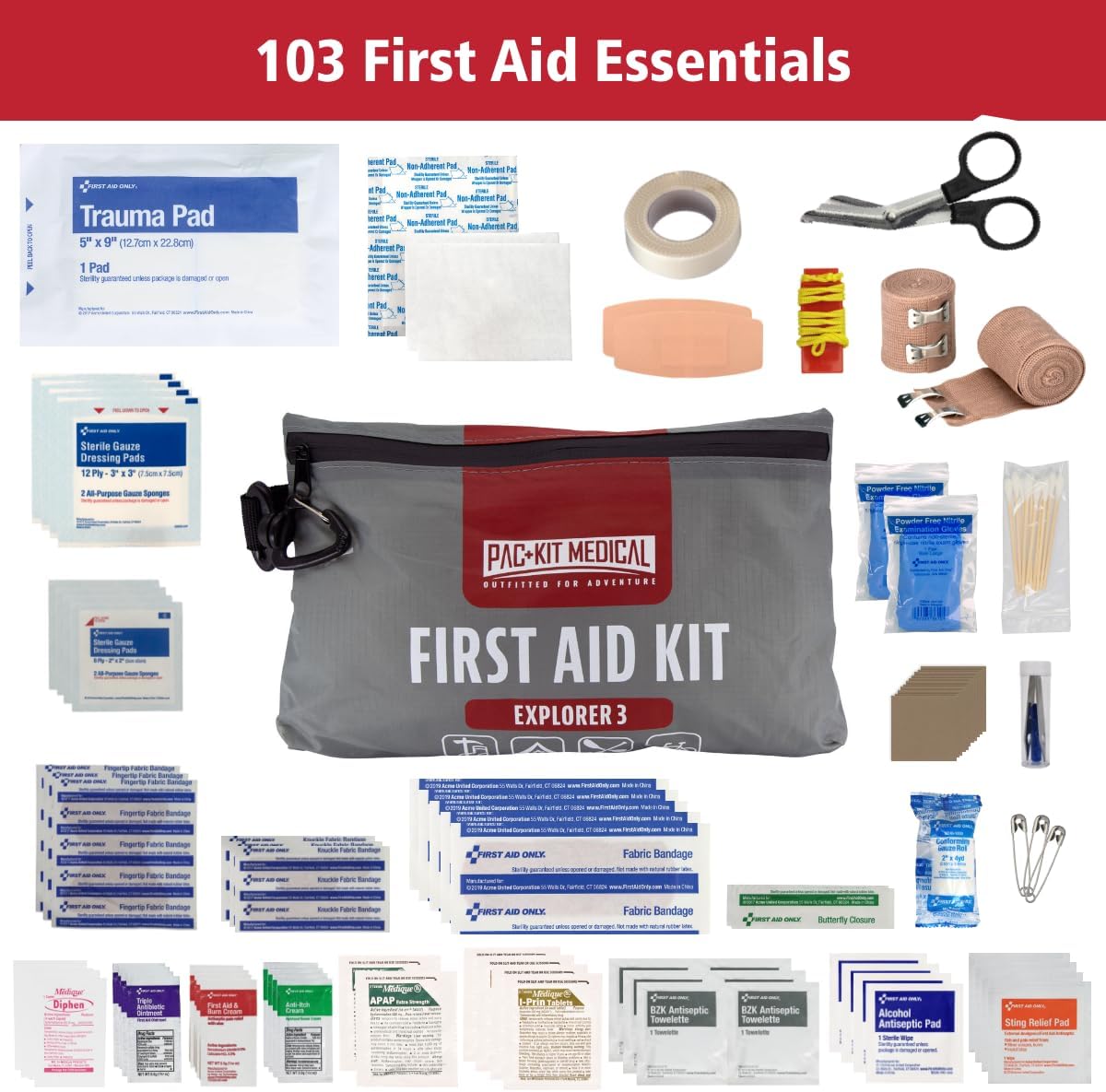 Pac-Kit Watertight Explorer 3 First Aid Kit for Hiking, Camping and Outdoor Activities, 103 Pieces