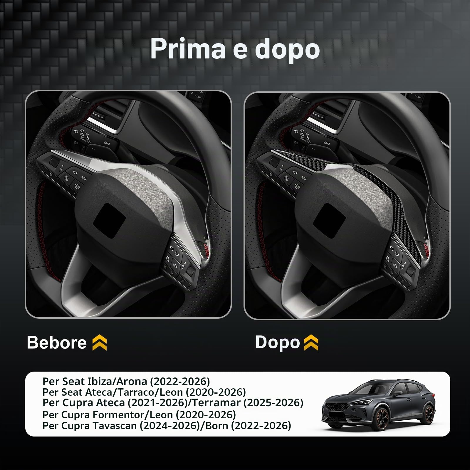 KUNGKIC Per Seat Ateca/Tarraco/Seat Leon Cupra Formentor Cupra Leon 20 – 26, Ibiza/Arona/Cupra Born/Ateca/Terramar/Tavascan Dry in fibra di carbonio per auto, rivestimento volante, accessorio (nero)