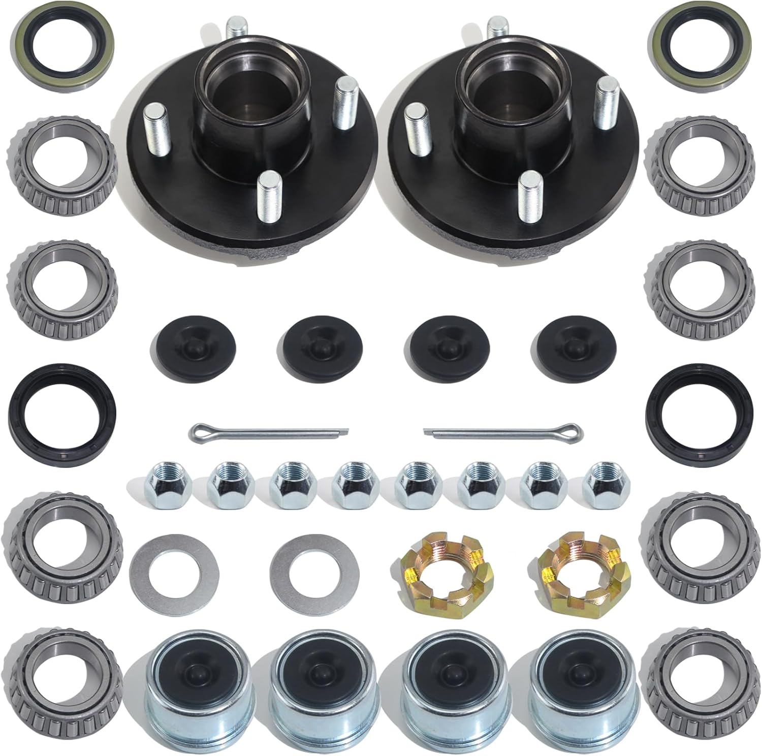 2 Sets Trailer Hub Kit 4 Bolt 4, Trailer Axle Kit for 2000 lb 4 Lug Trailer Hub Fits 1" and 1-1/16" Spindle with 1.5" and 1.25" Seal Castle Nut Washer