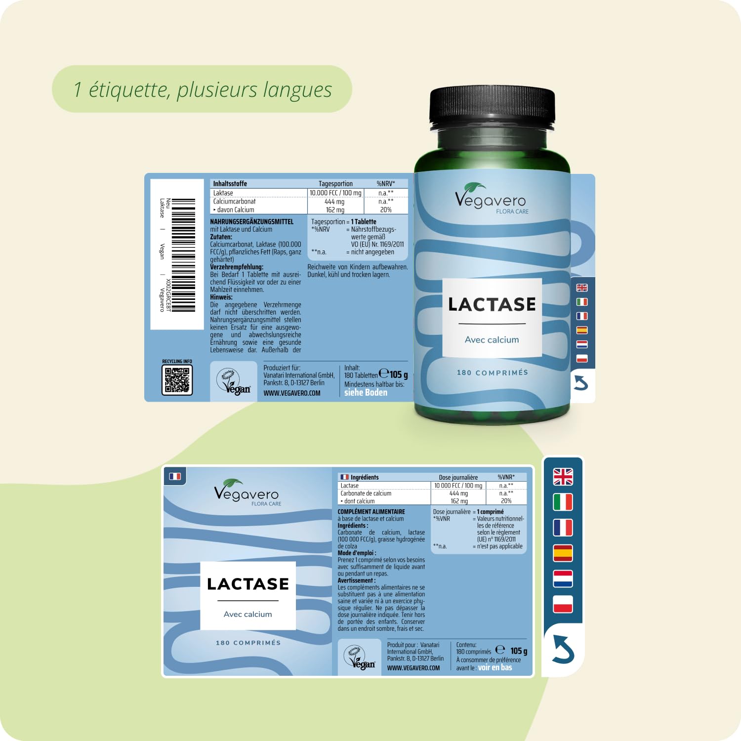 Lactase Pure | Sans Additifs Artificiels | 180 Comprimés | Digestion & Intolerance Lactose | 10000 FCC | Vegavero®