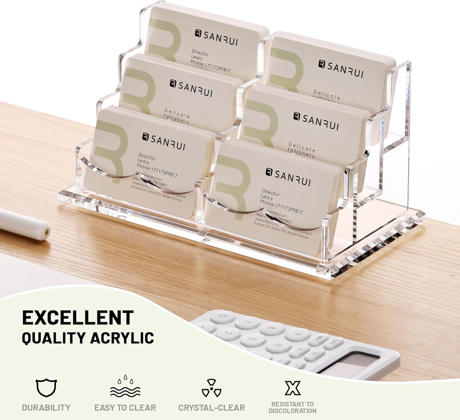 SANRUI Acrylic Business Card Holder for Desk, Clear Display Stand with 6 Slots, 3-Tier Horizontal Name Card Stands, Office Desk Organizer for Women & Men , Holds 50 Cards Each Pocket
