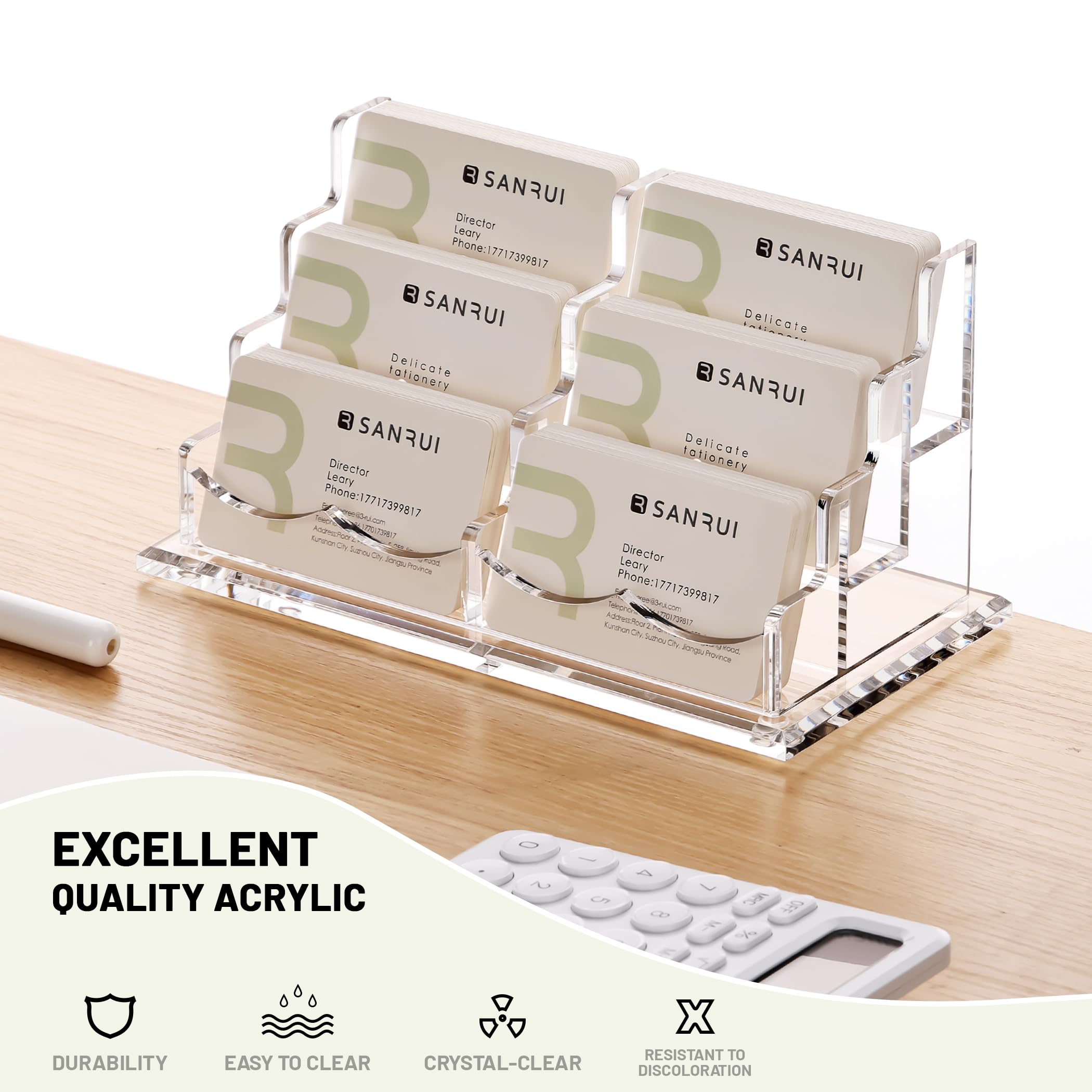 SANRUI - Tarjetero de acrílico para escritorio o oficina, soporte para tarjetas de visita, pantalla transparente de 3 niveles con 6 bolsillos