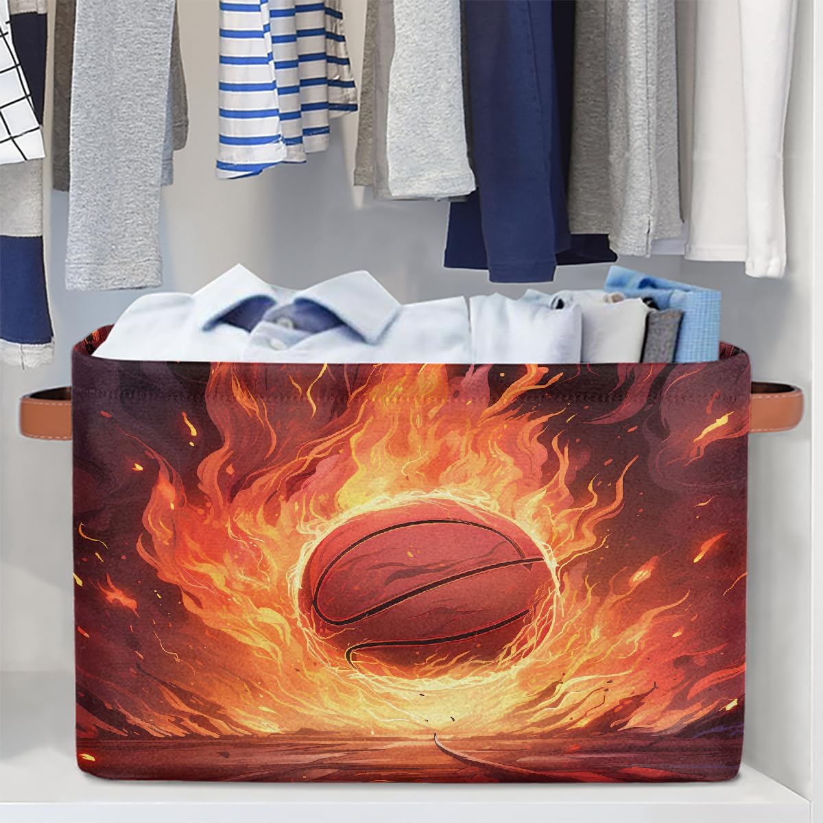 Small Storage Basket With Handles Kids Toy Fire Basketball Sports Storage Bins Collapsible Fabric Cube Storage Organizer Hamper for Nursery Living Room Bedroom Shelves Clothes Toy Box Gifts
