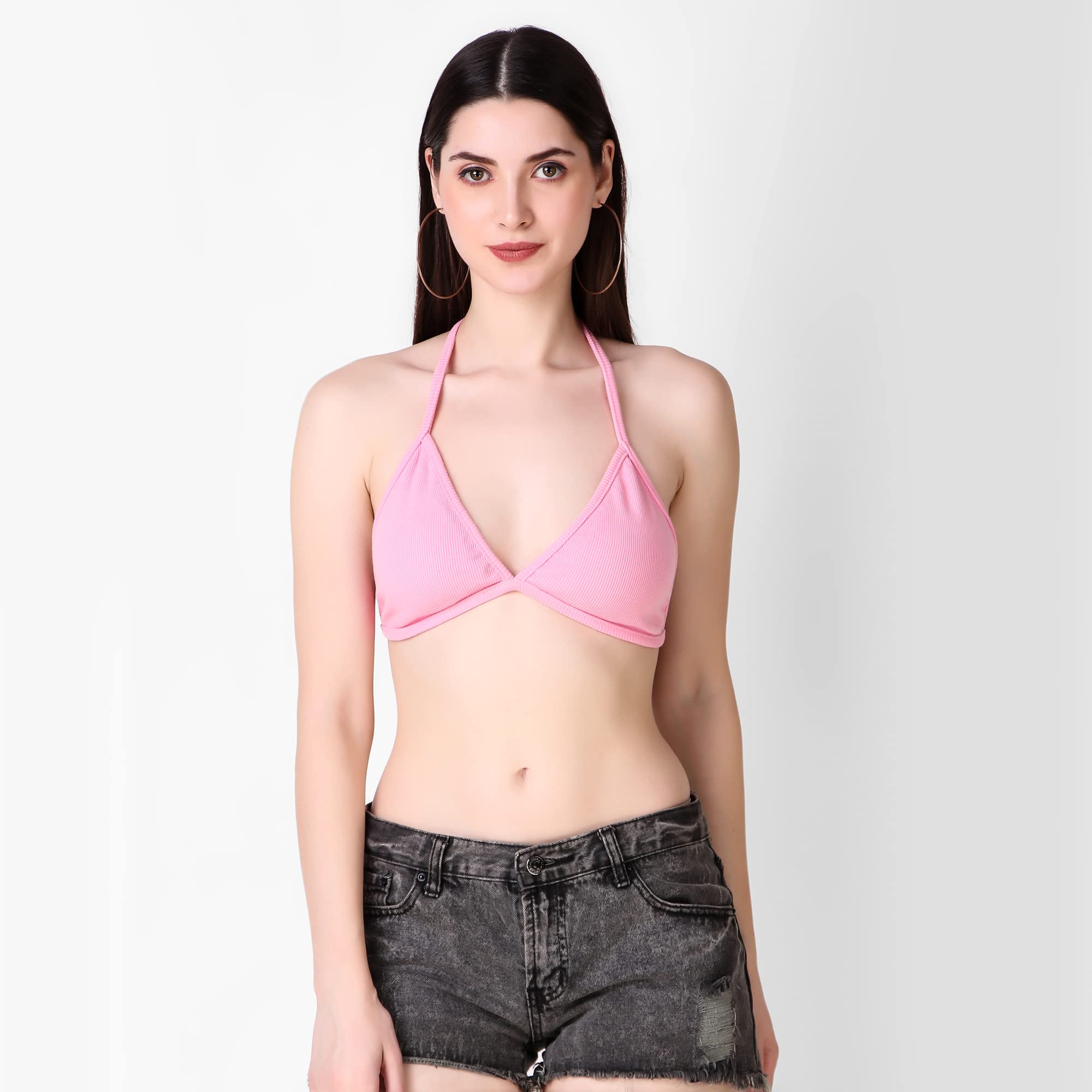 Istyle Can Backless Sleeveless Solid Beachwear Back Tie Up Women Trendy Top Rib Knit/Ribbed Women's Crop Cami Tank Bikini Top for Women | Beach Top (Free Size, Soft Pink) - Image 6 thumbnail