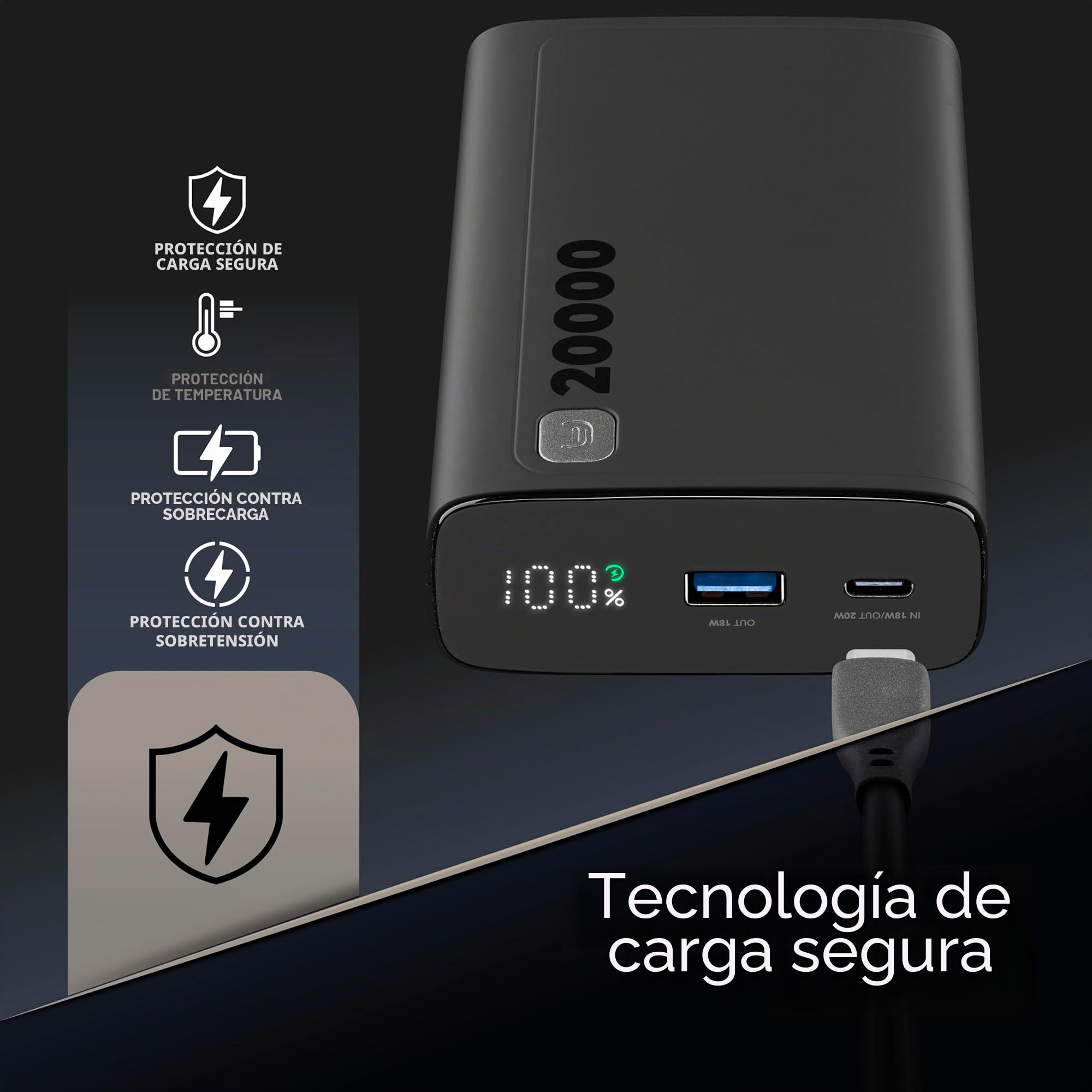 Cellularline - Elite 20000 - Cargador portátil - Capacidad de 20.000 mAh - +144 Horas de Carga Extra - 1 x USB Output: 18W Adaptive Technology - 2xUSB-C Input: 18W/ Output: 20W PD - Negro
