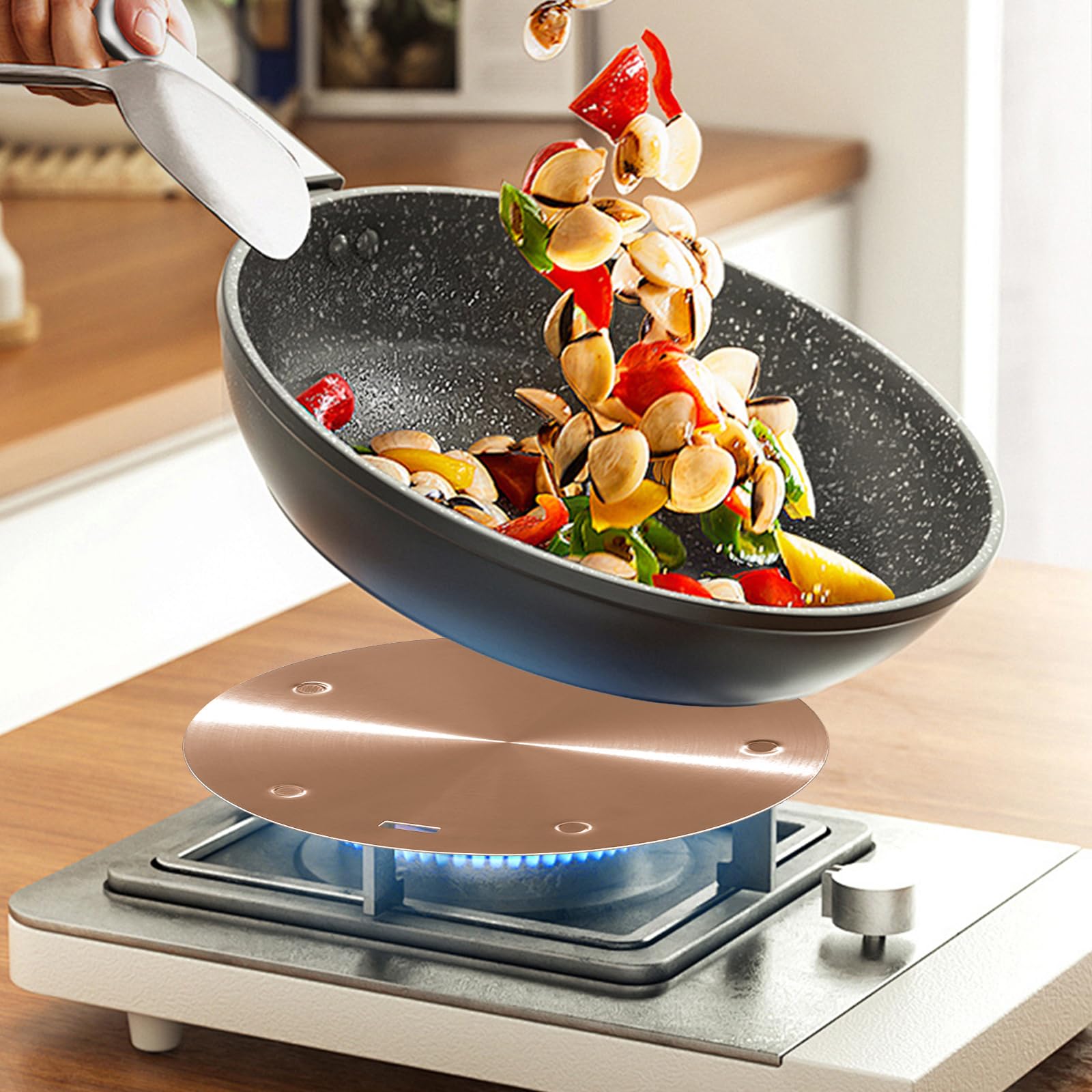 BigKing Piastra di Diffusione di Calore 16cm, Adattatore di Induzione, Disco convertitore di Piastra di Cottura a Induzione con Maniglia Rimovibile Isolante (Oro rosa)