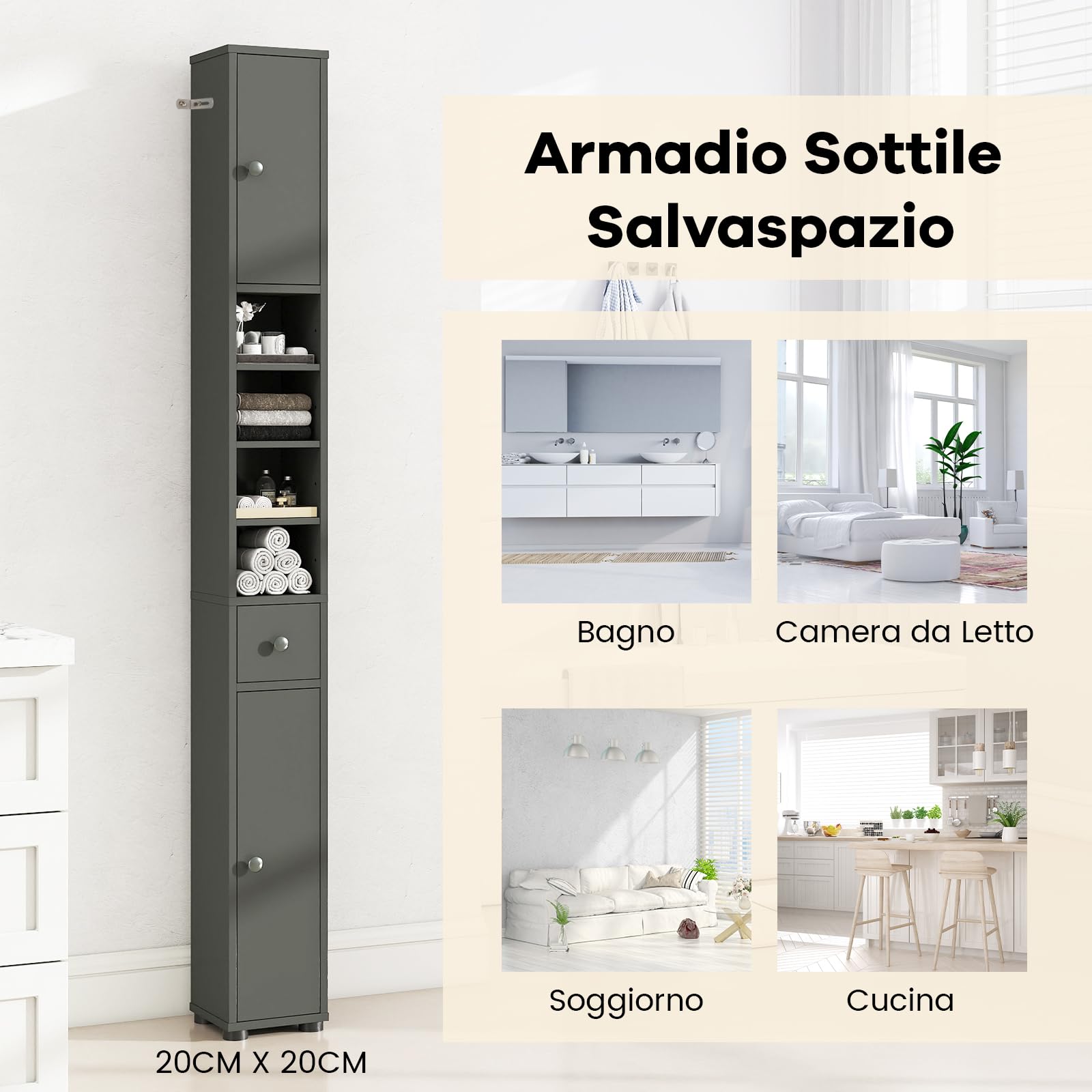 COSTWAY Mobile Bagno Alto Stretto, Mobiletto Colonna Salvaspazio con 1 Cassetto, 5 Ripiani Regolabili e Struttura Antiscivolo, Mobile a Terra per Ingresso, 20 x 20 x 180 cm (4 Ripiani, Grigio)