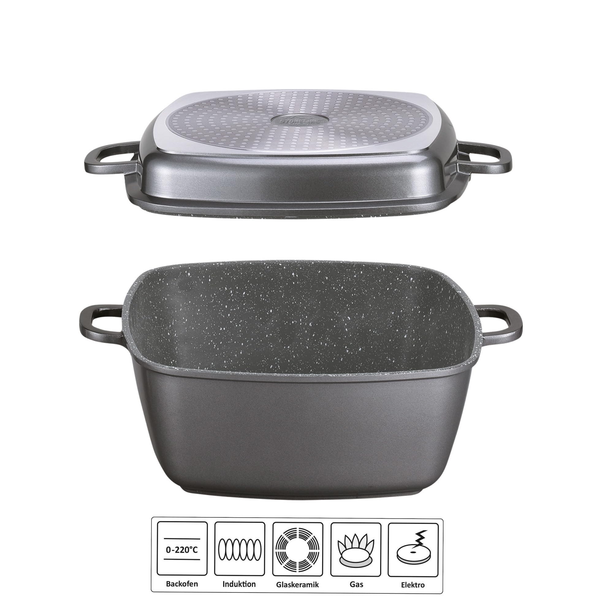 STONELINE Cocotte carrée multi-usage 28x28 cm, avec fonction Vapeur et Friture, convient à l'Induction, en Fonte d’Aluminium, Revêtement Antiadhésif avec de vraies particules de pierre, Gris