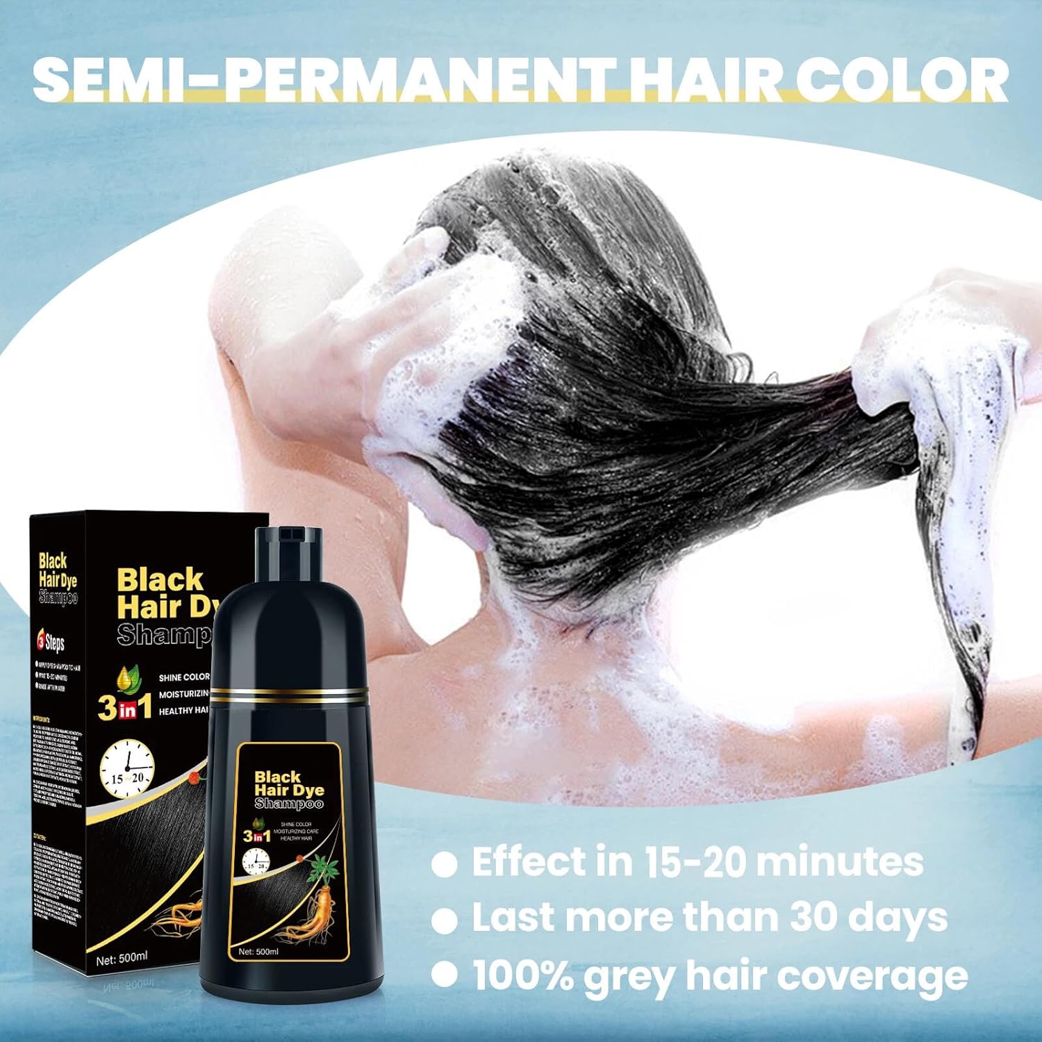 Black Hair Dye 3 in 1 Shampoo for Gray Hair, Herbal Ingredients for Women&Men, Dye in Minutes/Semi-Permanent/(17.6 FL OZ) - Image 5