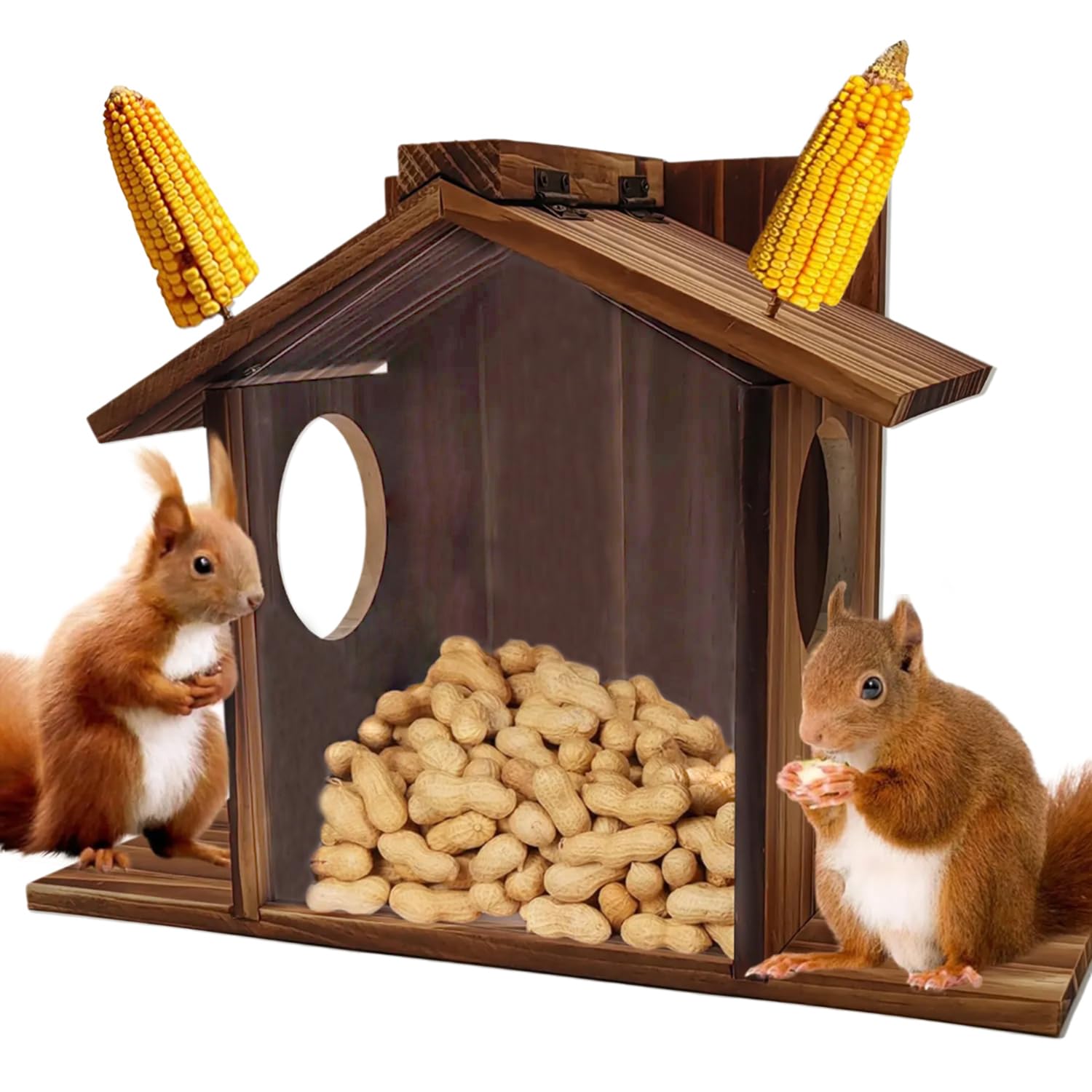 Wooden Squirrel Feeder, Squirrel Feeder House with Flexible Roof, Large Capacity Squirrel Feeding Stations, Chipmunk Squirrel Feeding Platform for Backyard Garden