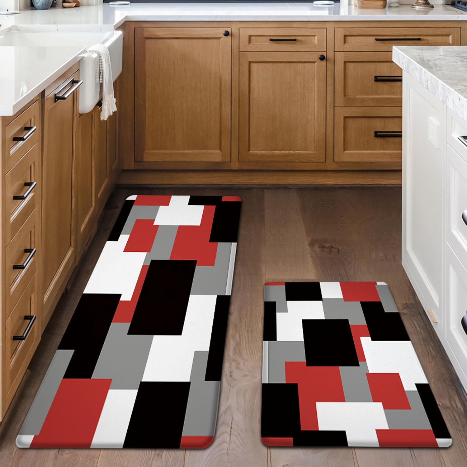 Red Black Kitchen Rugs Set of 2 Cushioned Anti Fatigue Kitchen Mats for Floor Non-Slip Waterproof Kitchen Floor Mats Geometric Ergonomic Cushioned Comfort Standing Mat for Laundry, Office, Sink