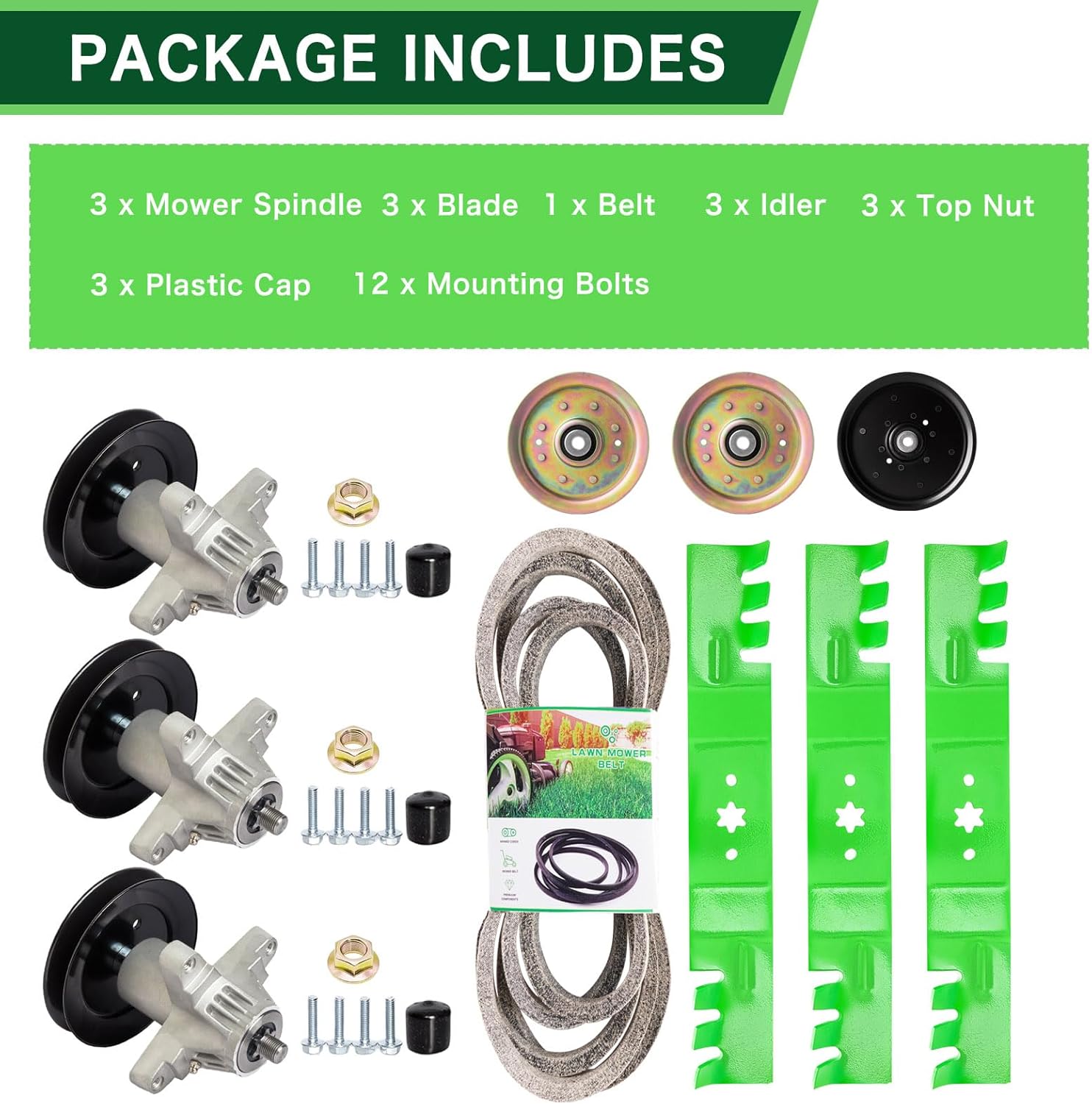 54 inch Deck Spindle Kit for MTD Cub Cad et RZT L54KH L54KW S54 Zero Turn Mower（3） Spindle 618-05137（3） Blade 742-0677 （2） Idler 753-04129（1） Idler 756-04511B（1） Be lt 954-04329