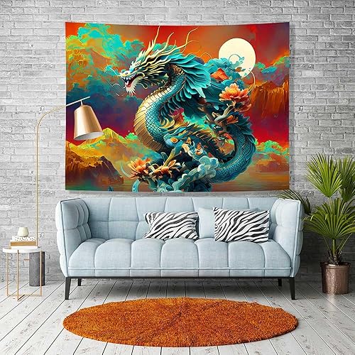 Miniatura 3 de Ine Ive Tapiz de dragón japonés para colgar en la pared, 40 x 30 pulgadas, decoración de pared de anime asiático, luna, nube, montañas brumosas,