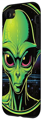 Vista 32 de iPhone 15 Pro Max Cute Green Alien Head UFO Space Face Alien Case