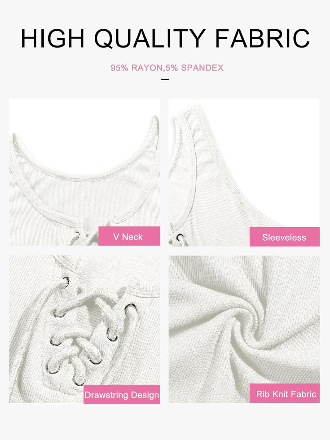 Womens Sexy V Neck Tank Shirts Top Sleeveless Casual Basic Drawstring Rib Knit Tops - Image 3