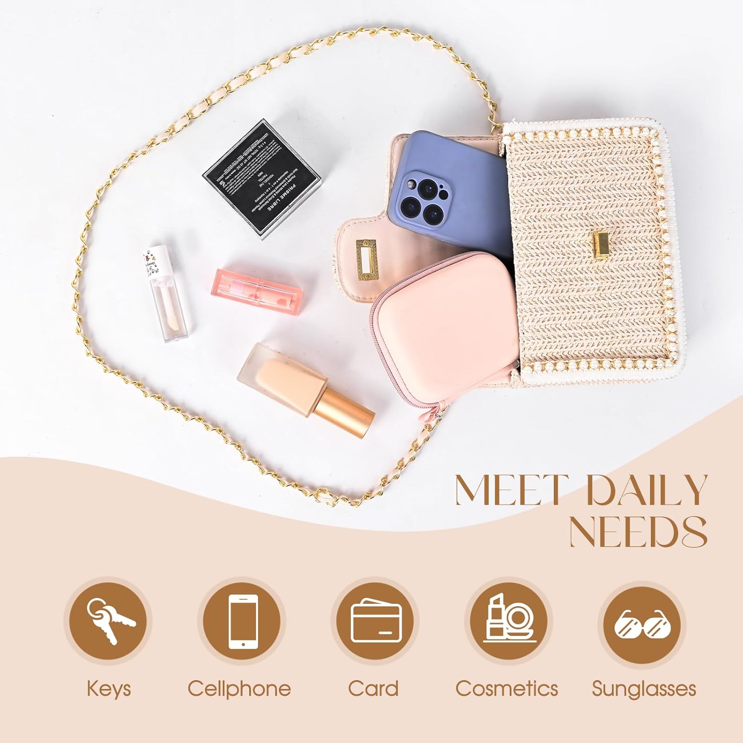 Straw Crossbody Bags for Women Summer Pearl Straw Clutch Purse Woven Shoulder Bag Vacation Handbags - Image 5