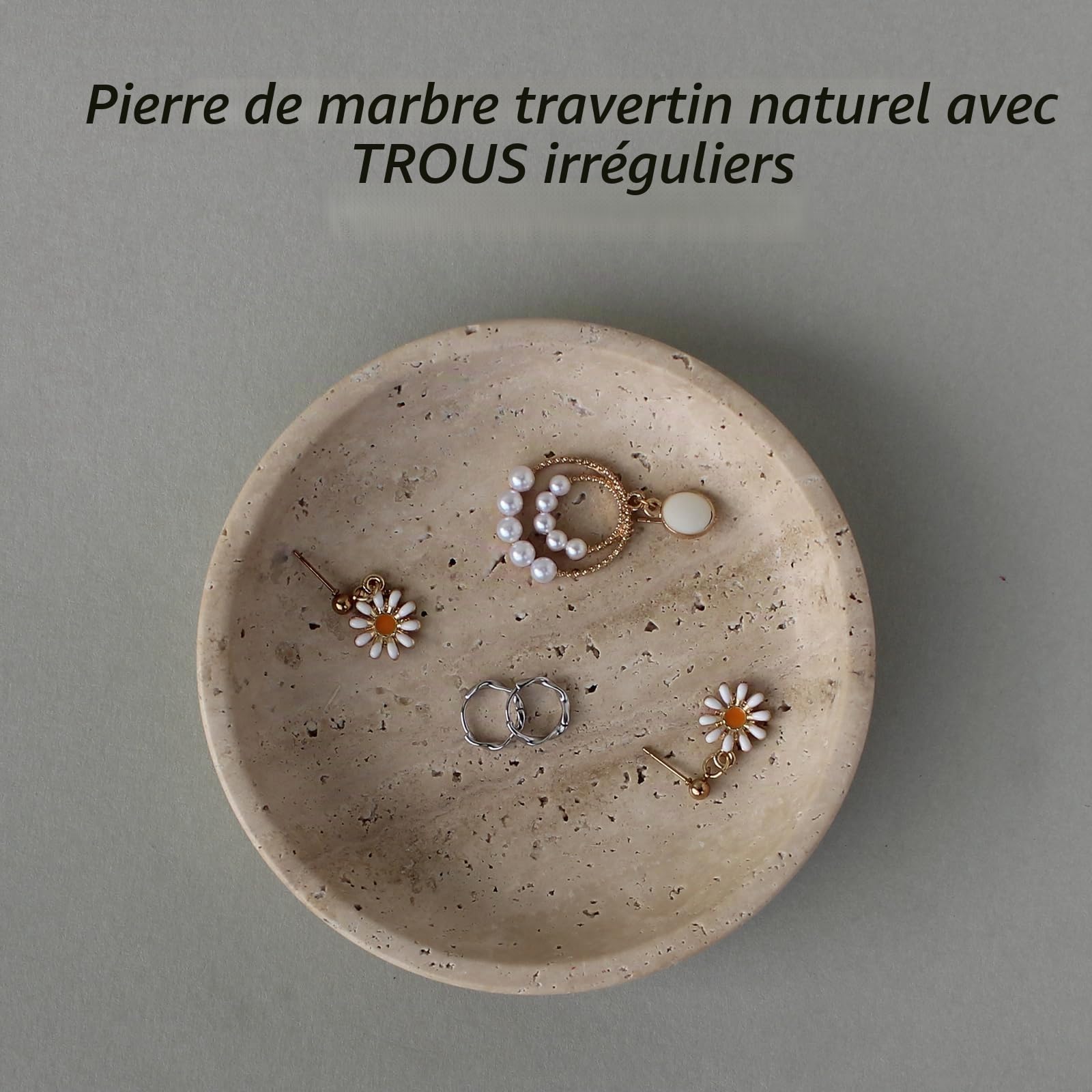 Nawgnail Plat à bijoux en marbre naturel travertin de 14 cm, plat à bijoux pour bague et boucles d'oreilles, cadeau pour femme, fille (travertin beige)