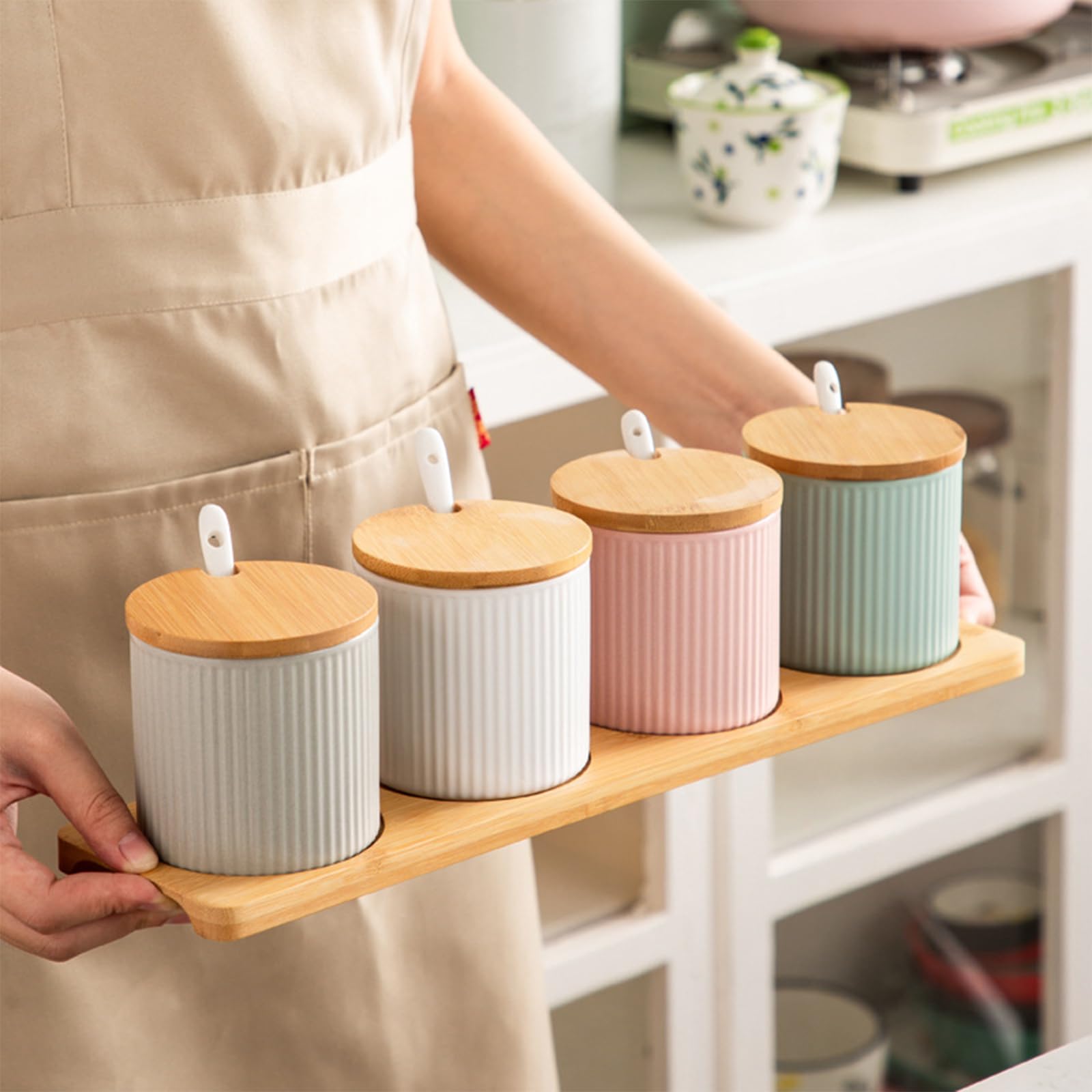 Zuccheriera in ceramica ciano da 300 ml con coperchio in legno e cucchiaio a righe, barattolo per spezie, per zucchero, sale, caffè, tè, – scatola ideale per condimenti per cucina di casa e bar