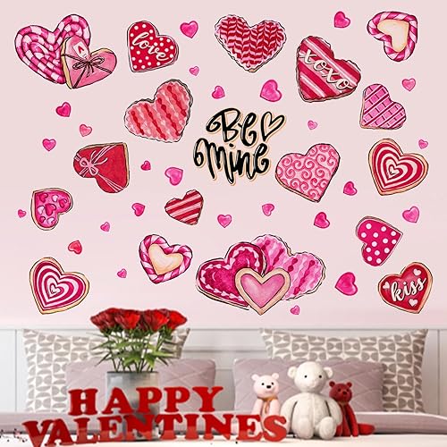 Yovkky Calcomanías de pared de corazón para el día de San Valentín, Be Mine Kiss XOXO, corazones rosados y rojos, galletas de amor, lunares,