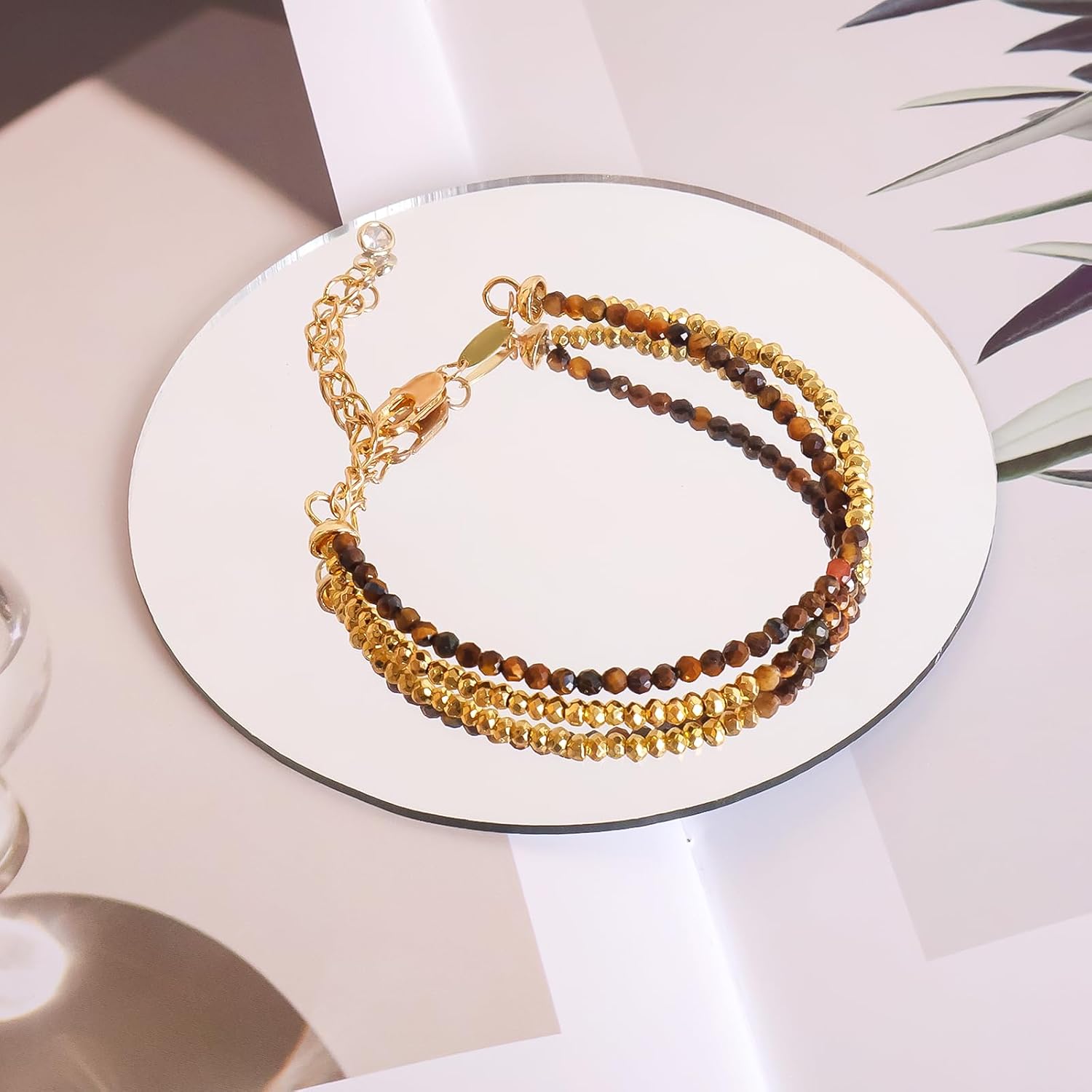 GVUSMIL Bead Bracelet for Women Layered Stone Mixed Bracelets Handmade 18K Gold Plated Beaded Chain Bracelet boho bracelets Adjustable Stackable Bracelet (Tiger Eye) - Image 3