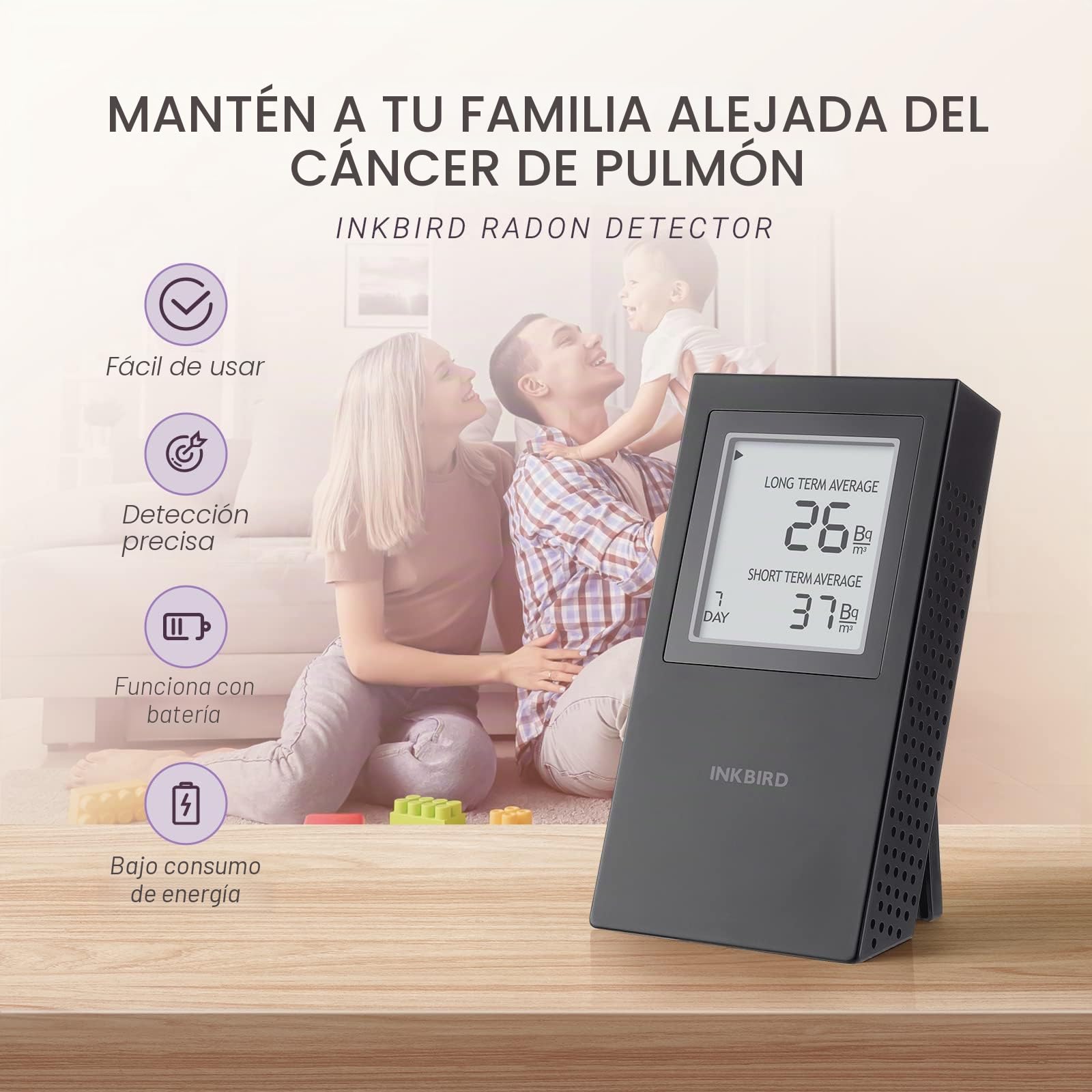 Inkbird Medidor Radon,Detector de Radon Portatile Monitoreo Continuo a Corto y Largo Plazo,Alerta de Pila Baja,Versión EU-Bq/m³,Detector de Gas Radón para Casa, Oficina, Garaje
