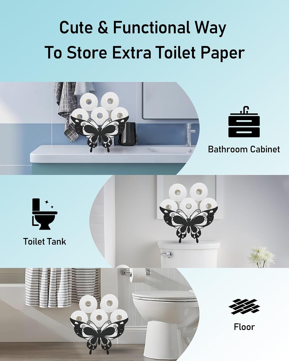 Butterfly Toilet Paper Holder Stand for Extra 8 Rolls, Funny Decorative Free Standing Toilet Paper Storage Organizer, Farmhouse Bathroom Animal Decor Accessories Storage Cabinet