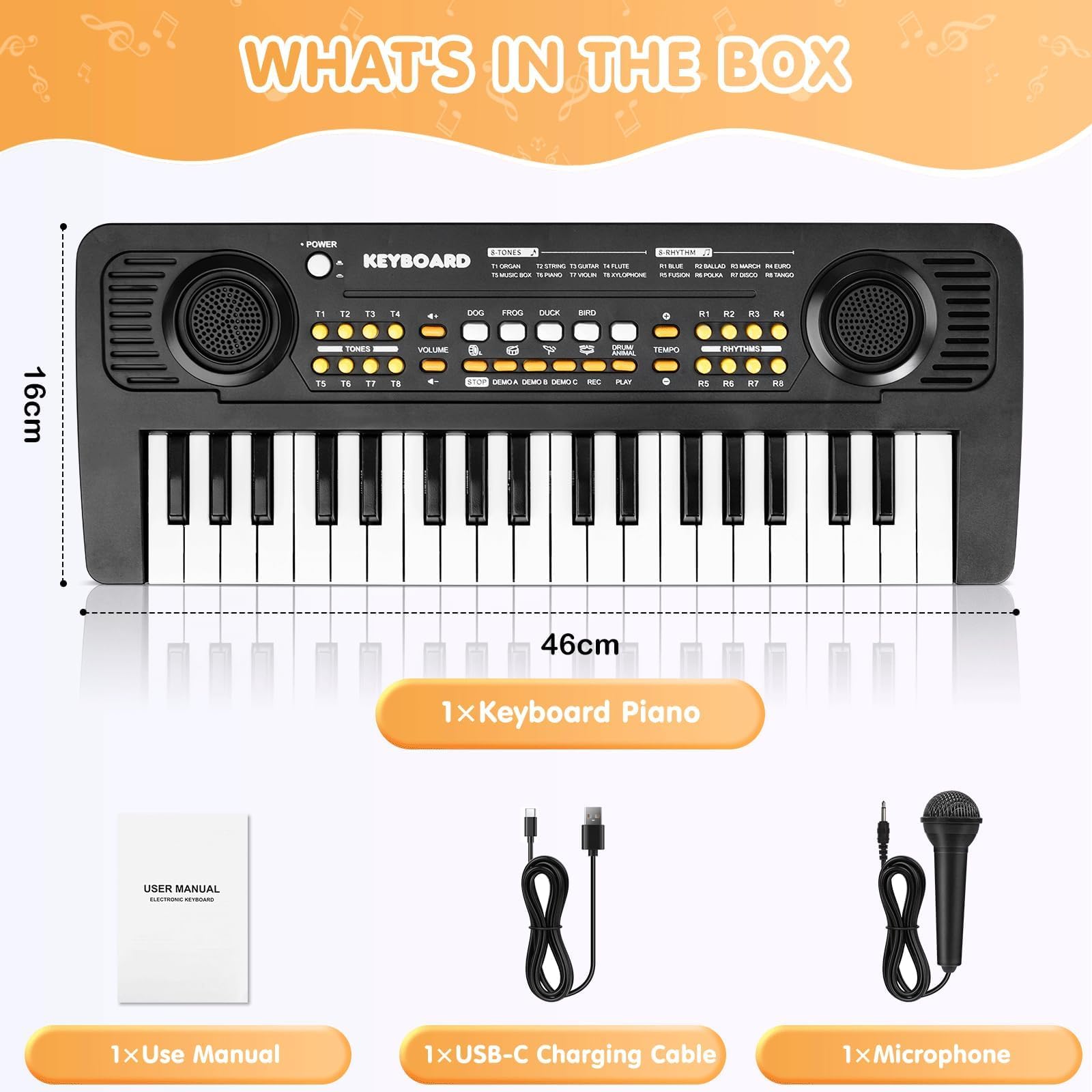 Infantil Piano Teclado 37 Teclas con Microfono Portátil Juguete Musical, Regalos Navidad Cumpleaños para 3 4 5 6 7 Años Principiante Niños y Niñas, Negro