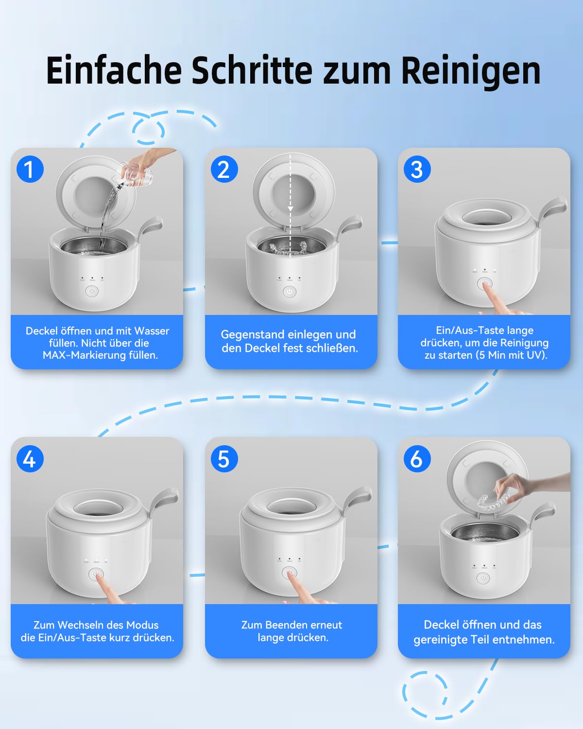 JeaTone Ultraschallreinigungsgerät Zahnschiene Kabellos - 48kHz Dental Pod mit UV-Licht & 2000mAh Akku - IPX5 Wasserdichtes Ultraschallreiniger für Retainer, Aligner, Zahnersatz & Schmuck - 200ml