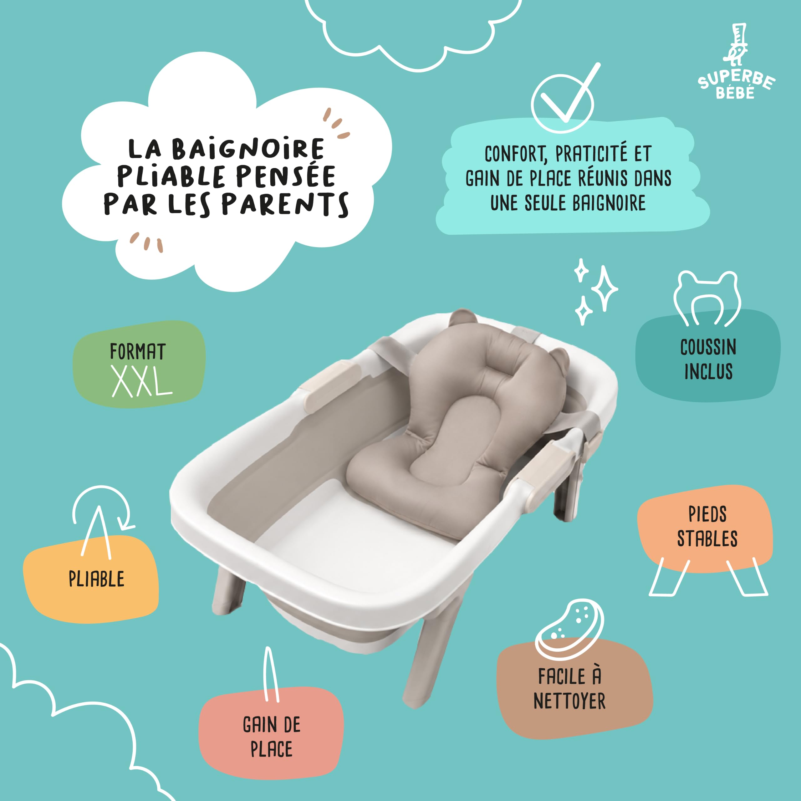 SUPERBE BEBE - Bañera de bebé XXL con cojín de baño para recién nacidos y lactantes