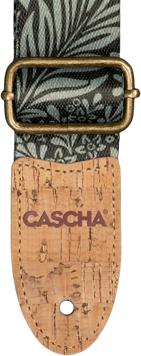 CASCHA Vegan Guitar Strap with Leaf Pattern, Polyester with Cork Ends, Green/Black