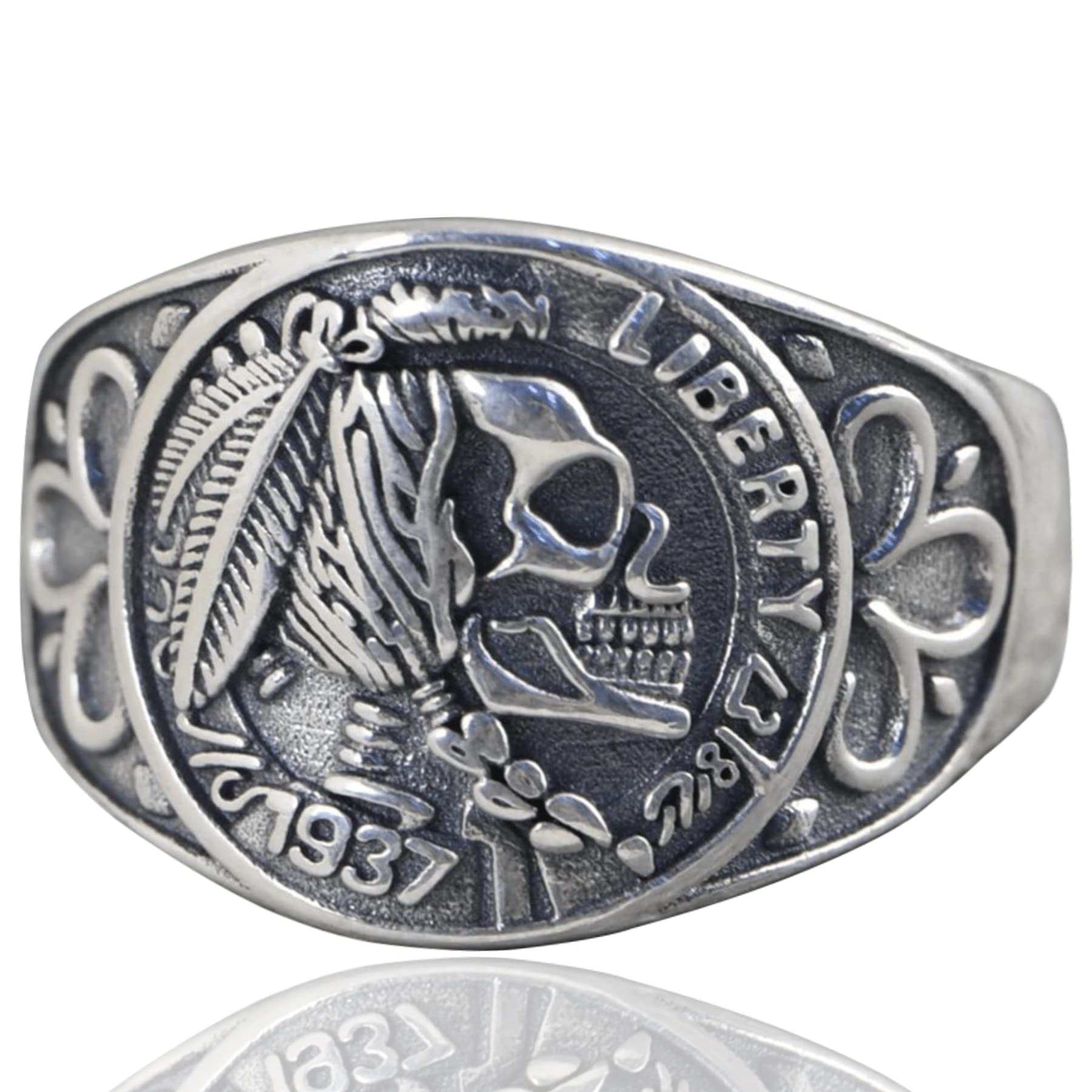 Zoshfo Vintage Indians Skull Signet S925 Sterling Silver Men's  Ring,Handmade Adjustable Opening Custom Skeleton Ring Jewellery Accessories
