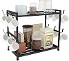 Coffee Cup Holder Kitchen 12 Hooks Kitchen Storage Rack 2 Tier Coffee Station Organizer Metal Mug Stand Mug Holders for Kitchen Tea Coffee Bar, Black