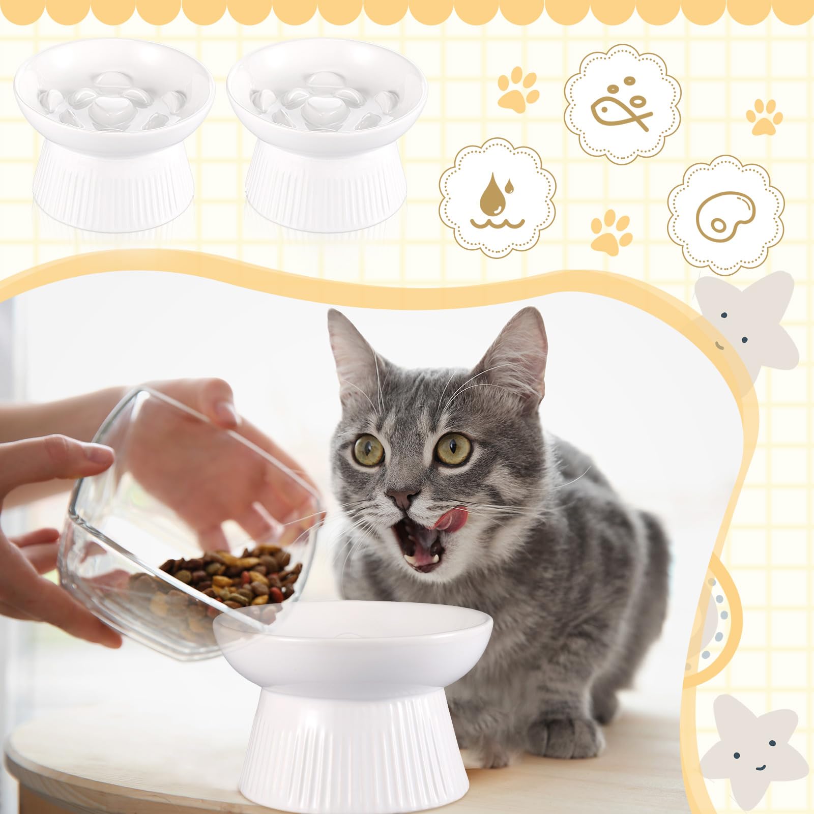 Layhit Lot de 2 gamelles surélevées en céramique pour chat - Anti-vomissements - Pour nourriture sèche et humide - Blanc