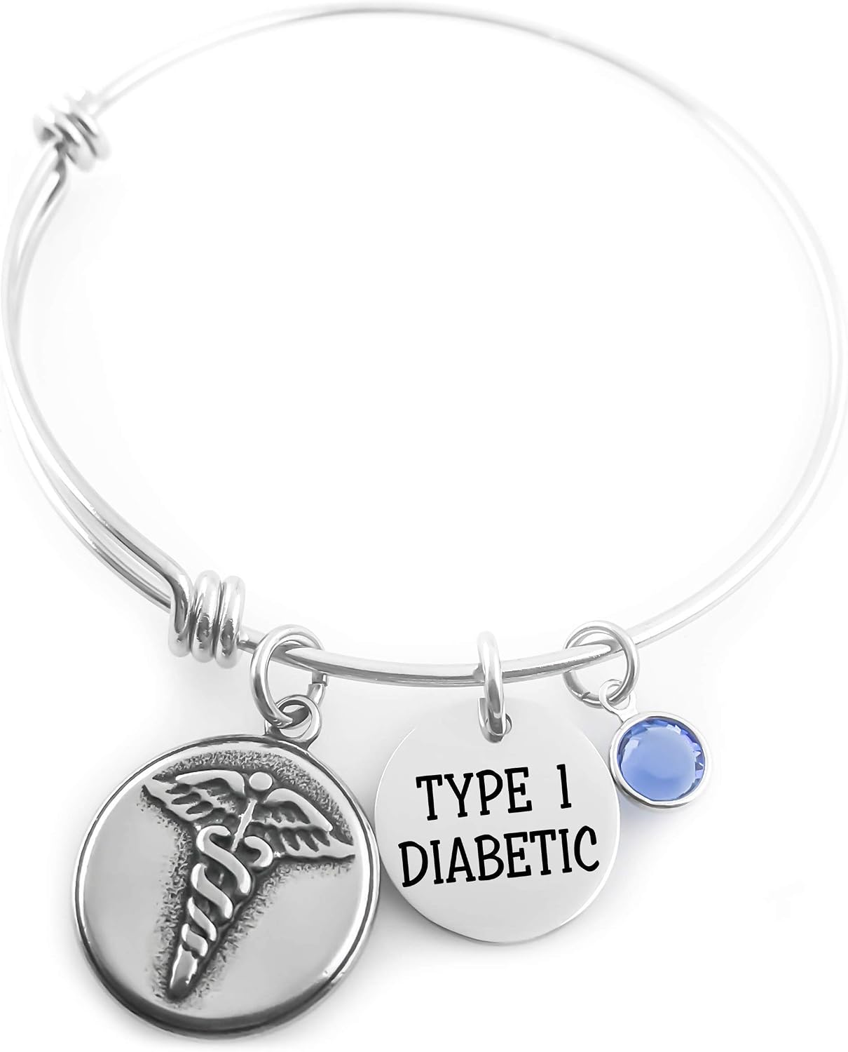 Personalized Medical ID Bracelet – Medical Alert Bangle with Caduceus Charm, Custom Condition Disc & Birthstone – Hypoallergenic Stainless Steel Emergency Bracelet for Diabetes, Allergy, Epilepsy