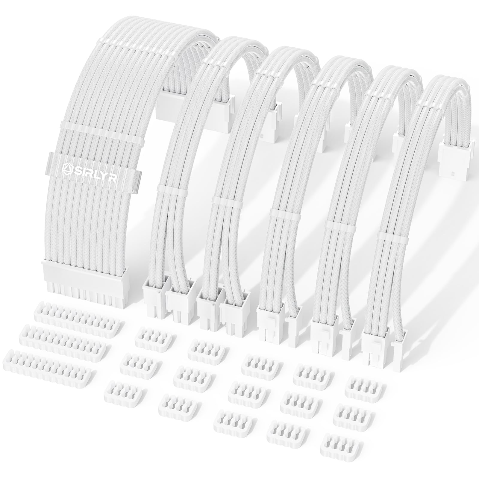 Sirlyr PSU Cable Extension Kit,One Way Bend Design PC Cables - Bright White Braided 1x 24Pin ATX / 2X 8 (4+4) Pin EPS/Gold-Plated 3X 8 (6+2) Pin PCIE