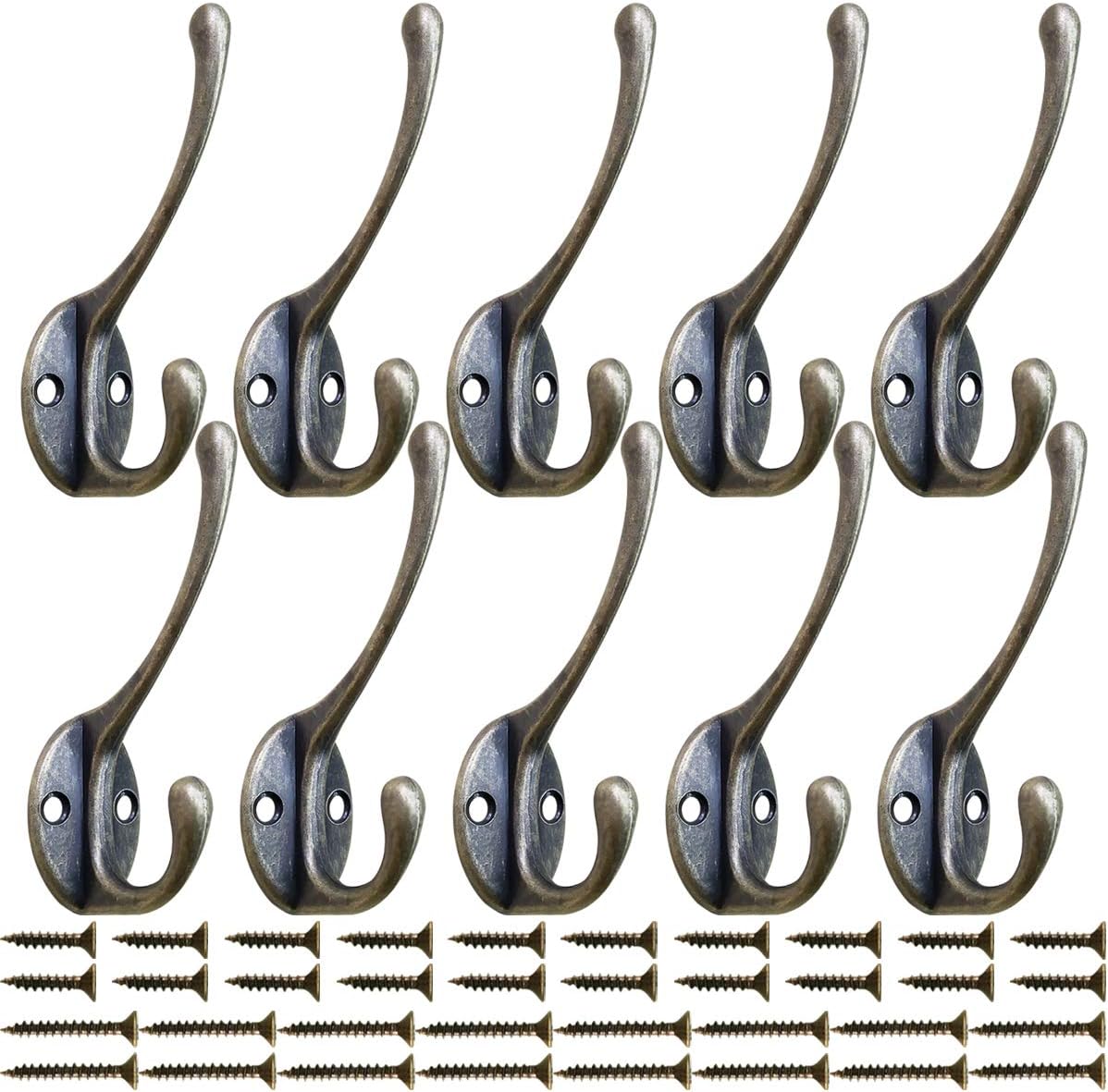 10 Pack Heavy Duty Dual Coat Hooks Wall Mounted with 40 Screws (Two Types of Screws Included) Retro Double Utility Rustic Hooks for Coat, Scarf, Bag, Towel, Key, Cap, Cup, Hat（Bronze）